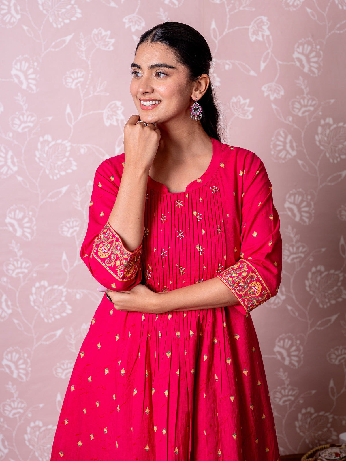 Soft Cotton Butti Flared Pink Kurta
