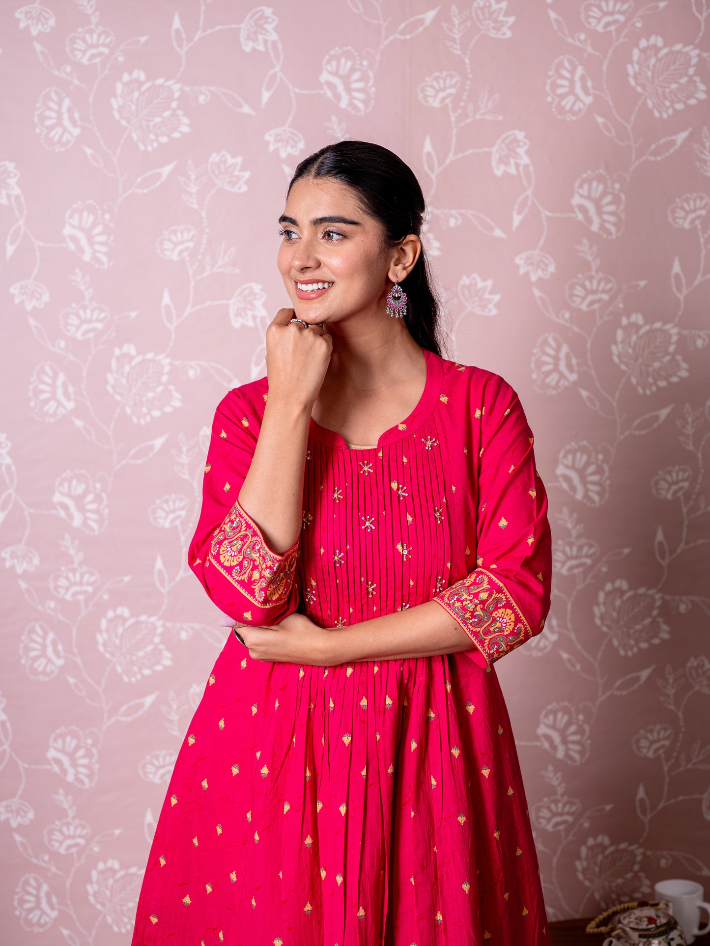 Soft cotton Butti Flared Pink Kurta
