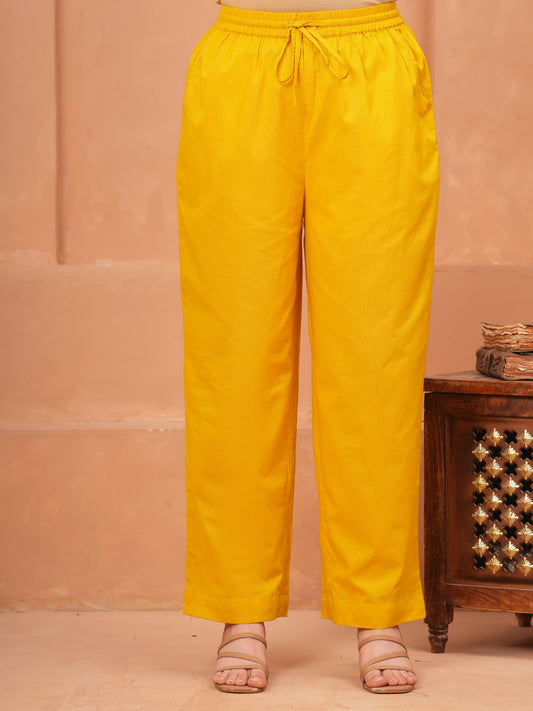 Soft Cotton Solid Yellow Straight Trousers
