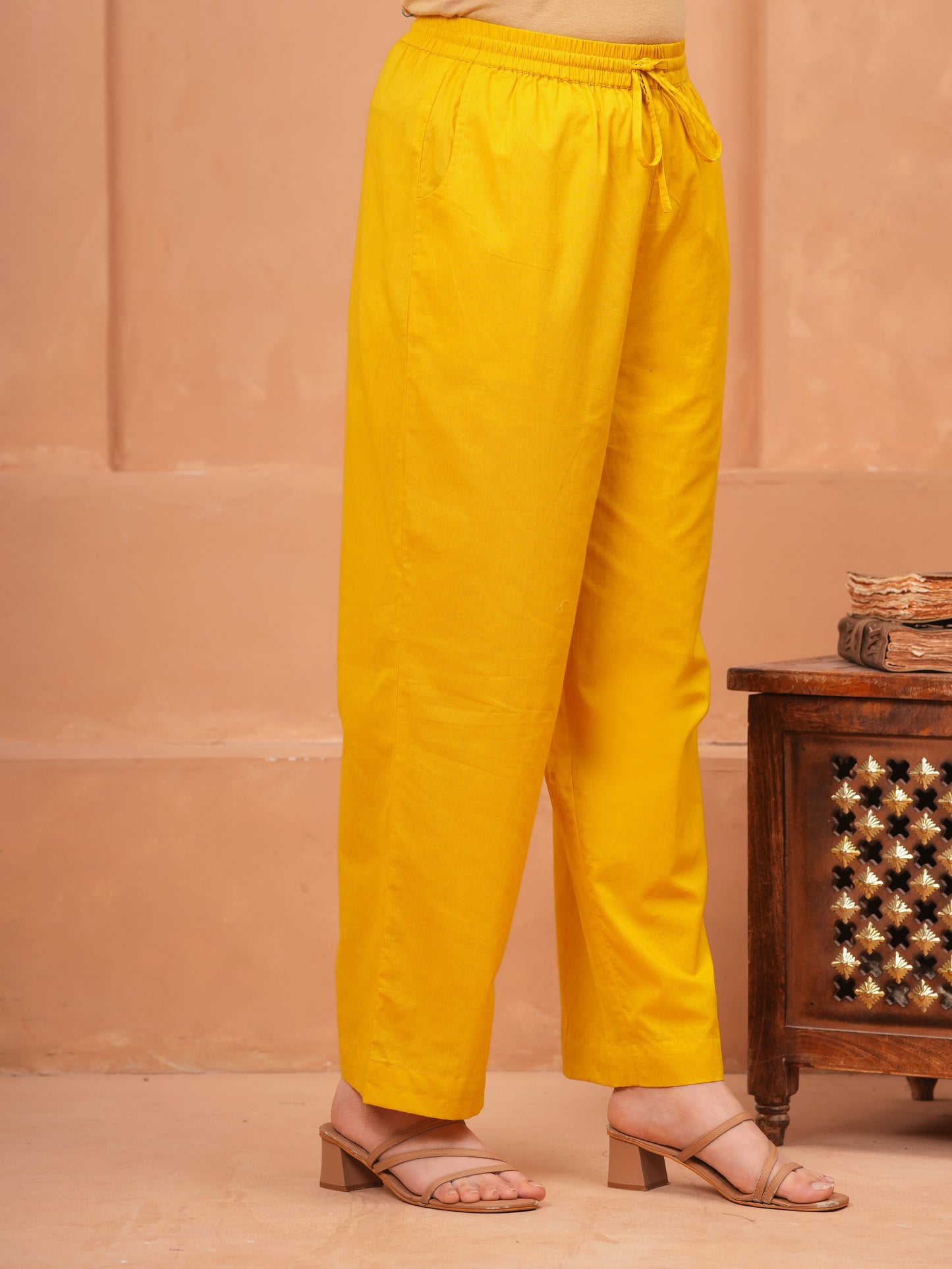 Soft Cotton Solid Yellow Straight Trousers