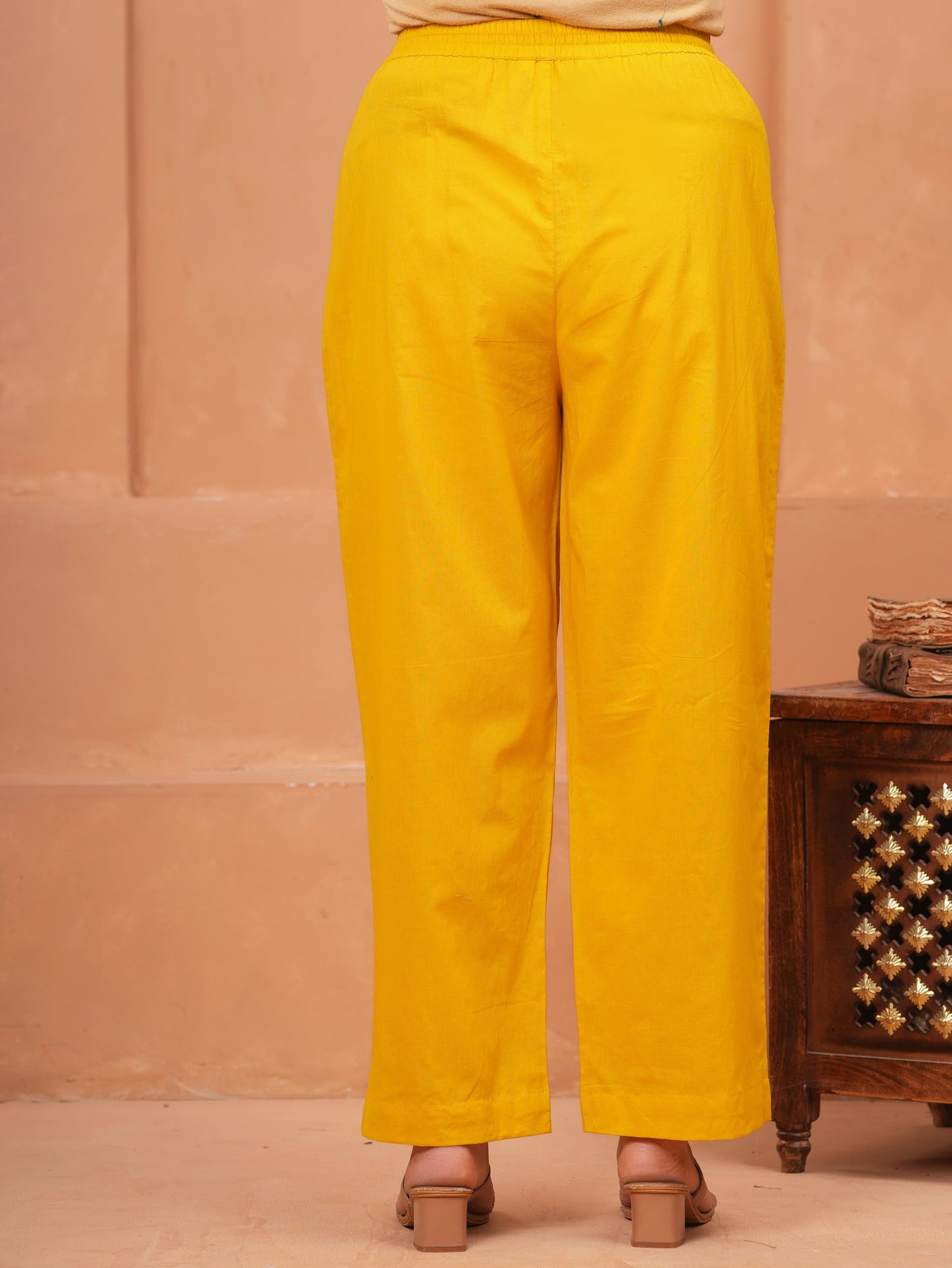 Soft Cotton Solid Yellow Straight Trousers