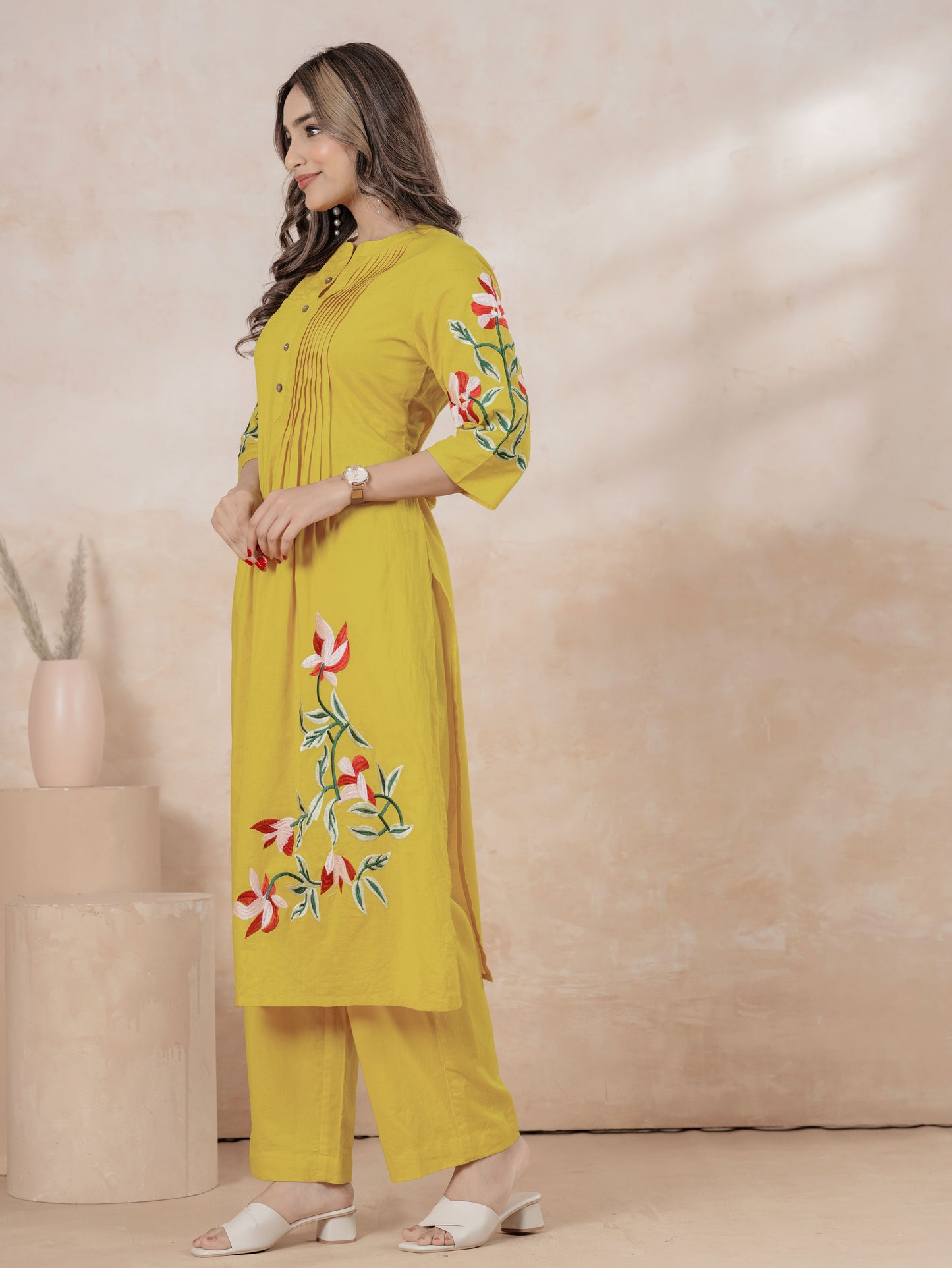 Embroidered Soft Cotton Solid Flared Yellow Kurta