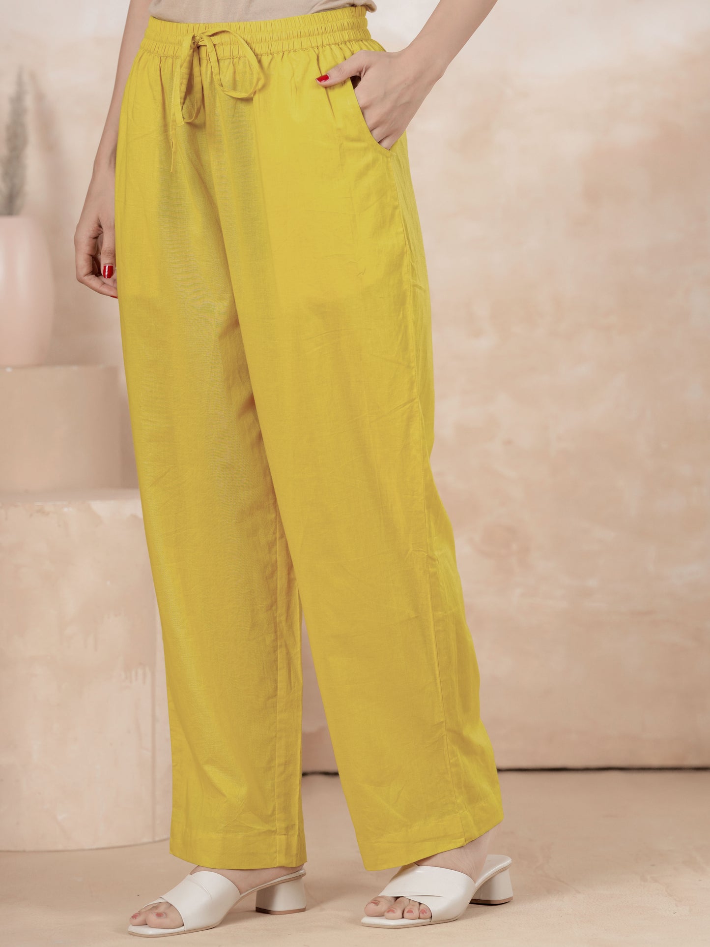 Embroidered Soft Cotton Solid Flared Yellow Kurta