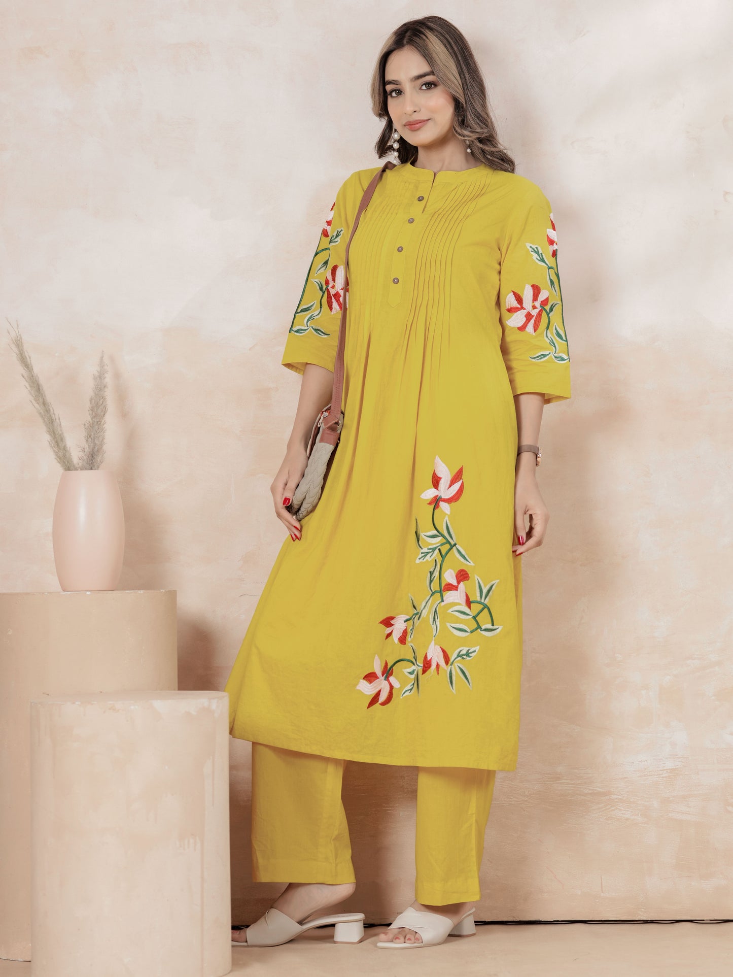 Embroidered Soft Cotton Solid Flared Yellow Kurta