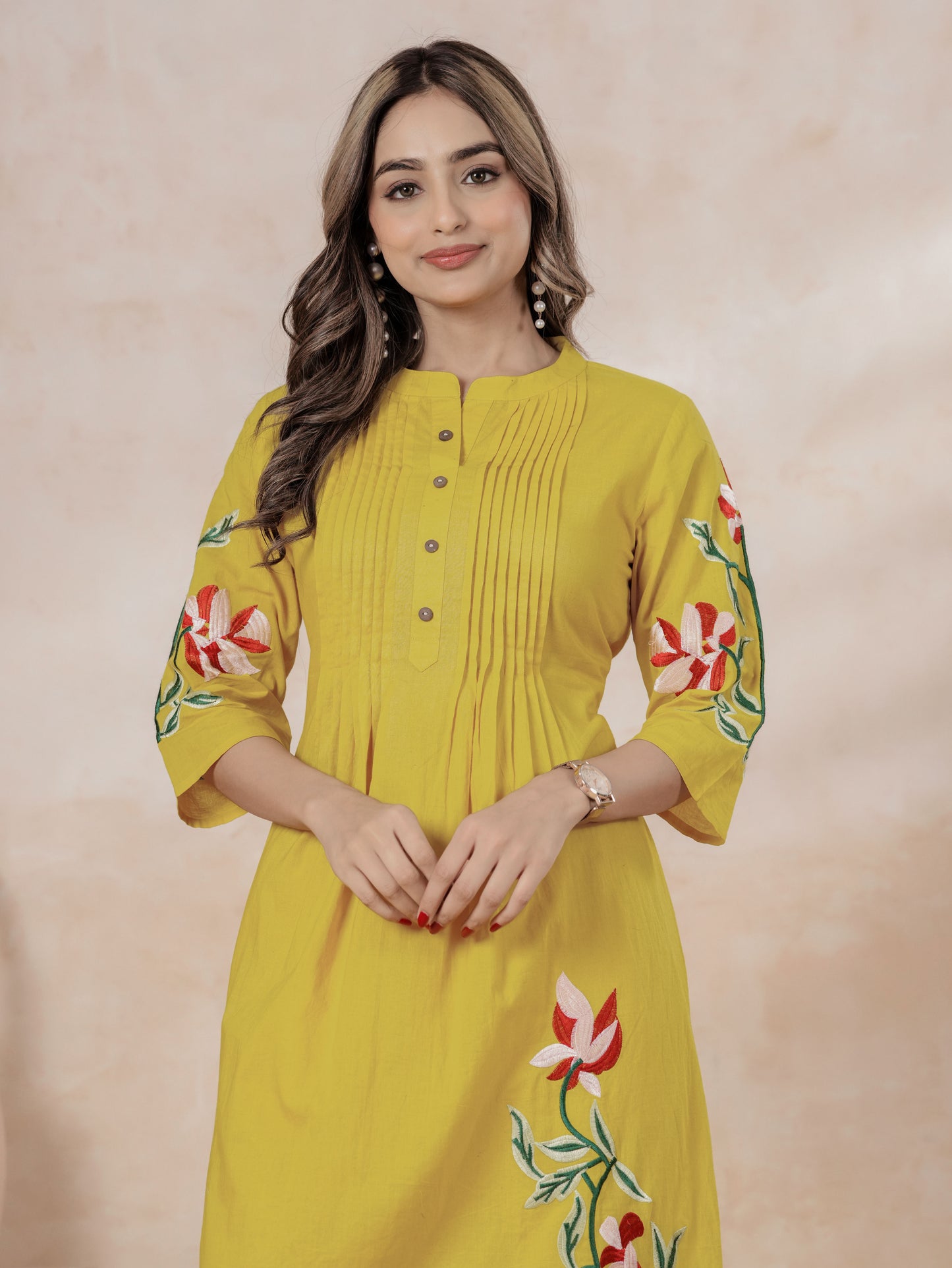 Embroidered Soft Cotton Solid Flared Yellow Kurta