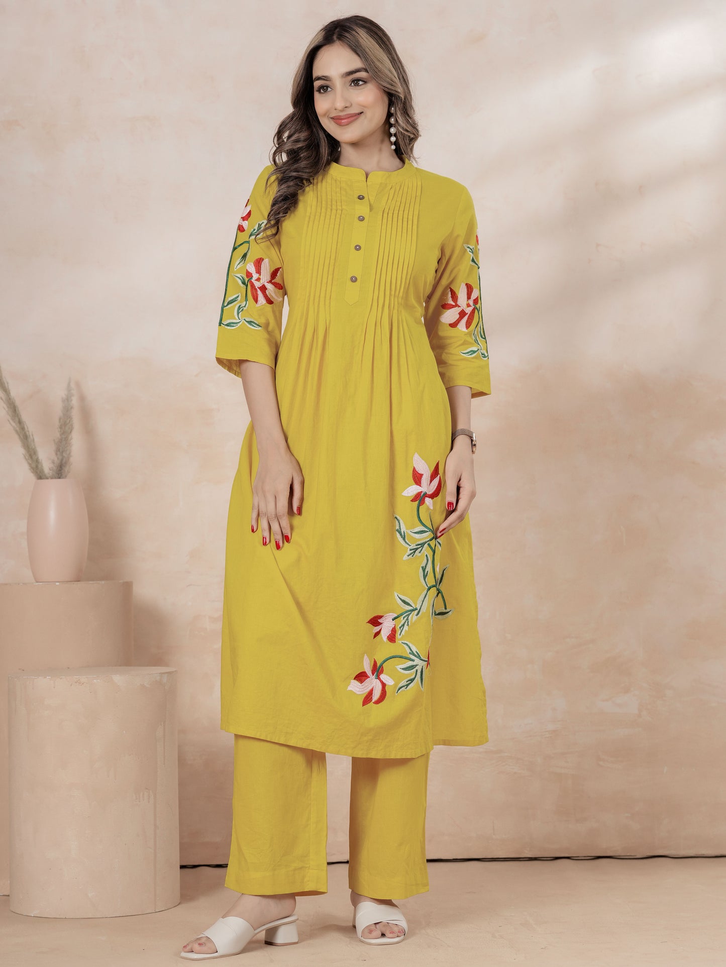 Embroidered Soft Cotton Solid Flared Yellow Kurta