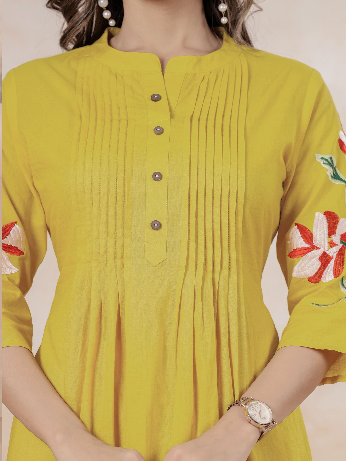 Embroidered Soft Cotton Solid Flared Yellow Kurta