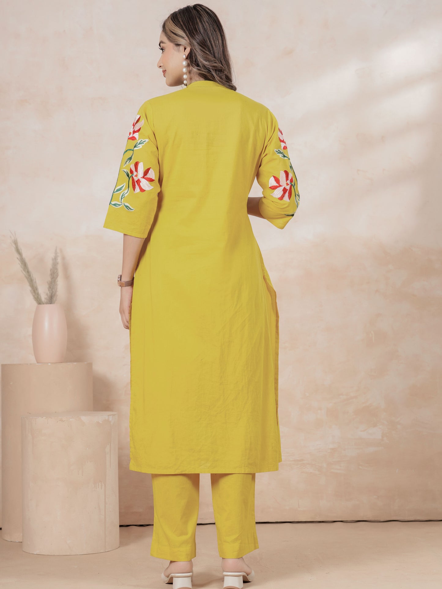 Embroidered Soft Cotton Solid Flared Yellow Kurta