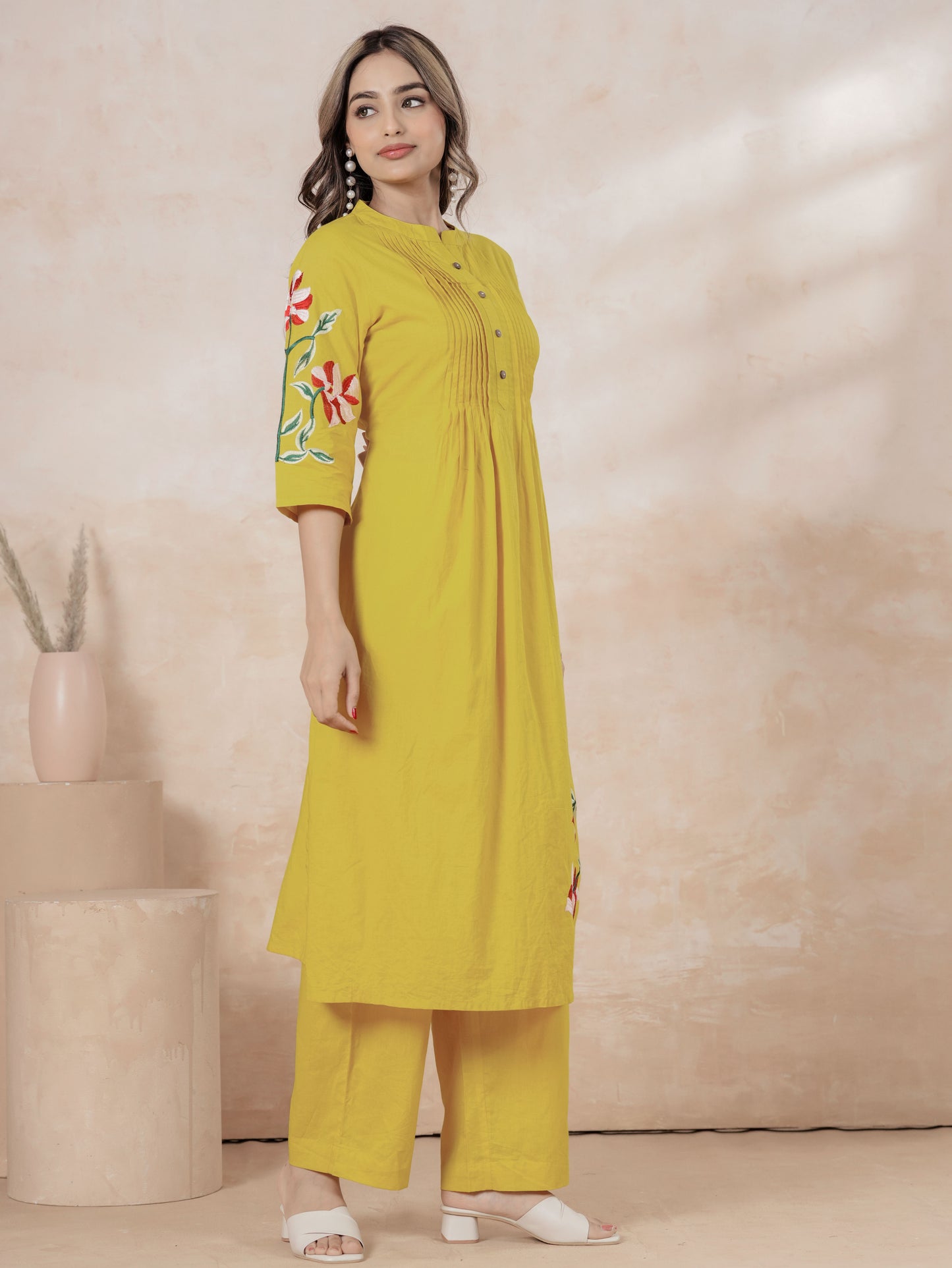 Embroidered Soft Cotton Solid Flared Yellow Kurta