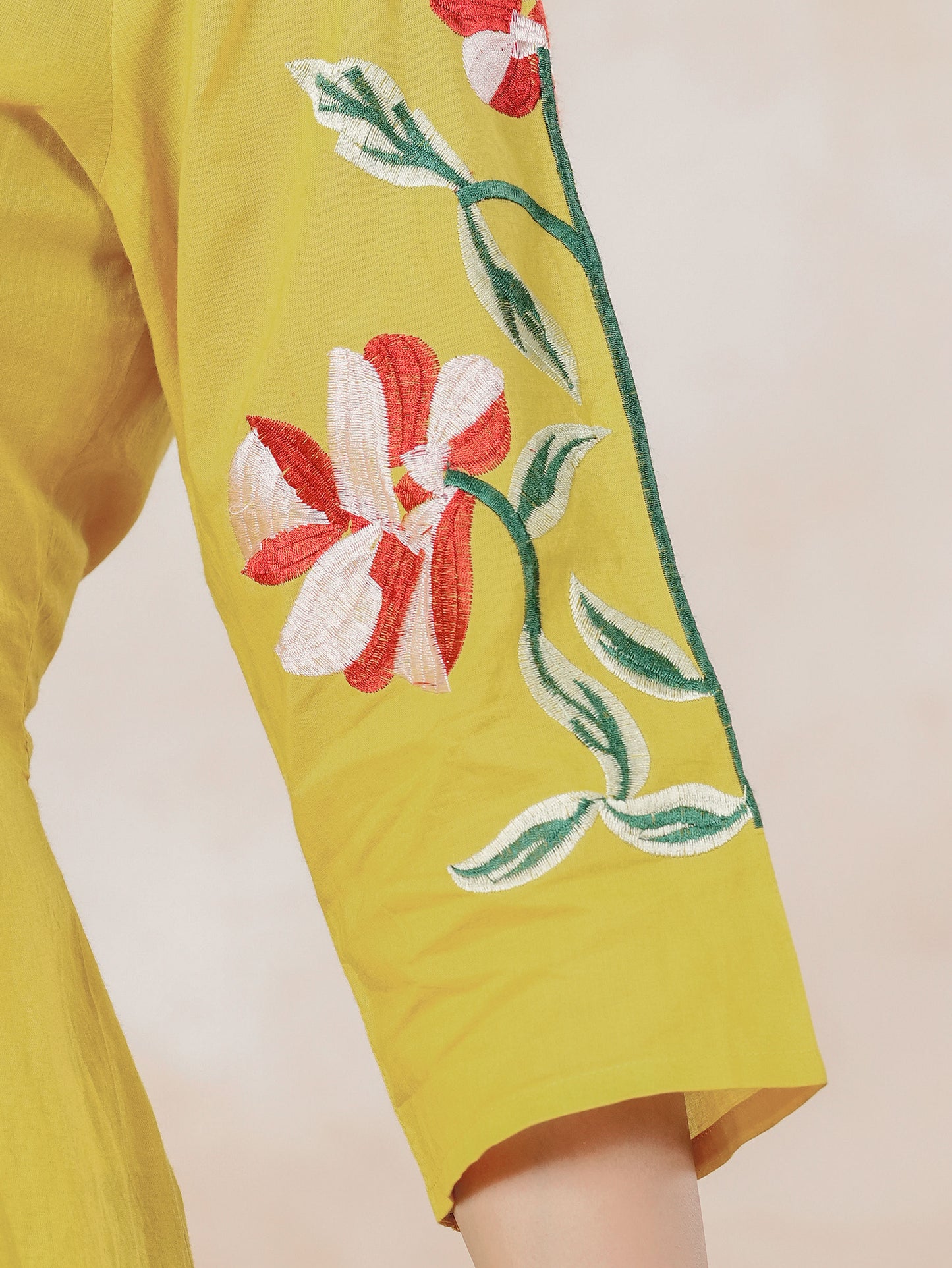 Embroidered Soft Cotton Solid Flared Yellow Kurta