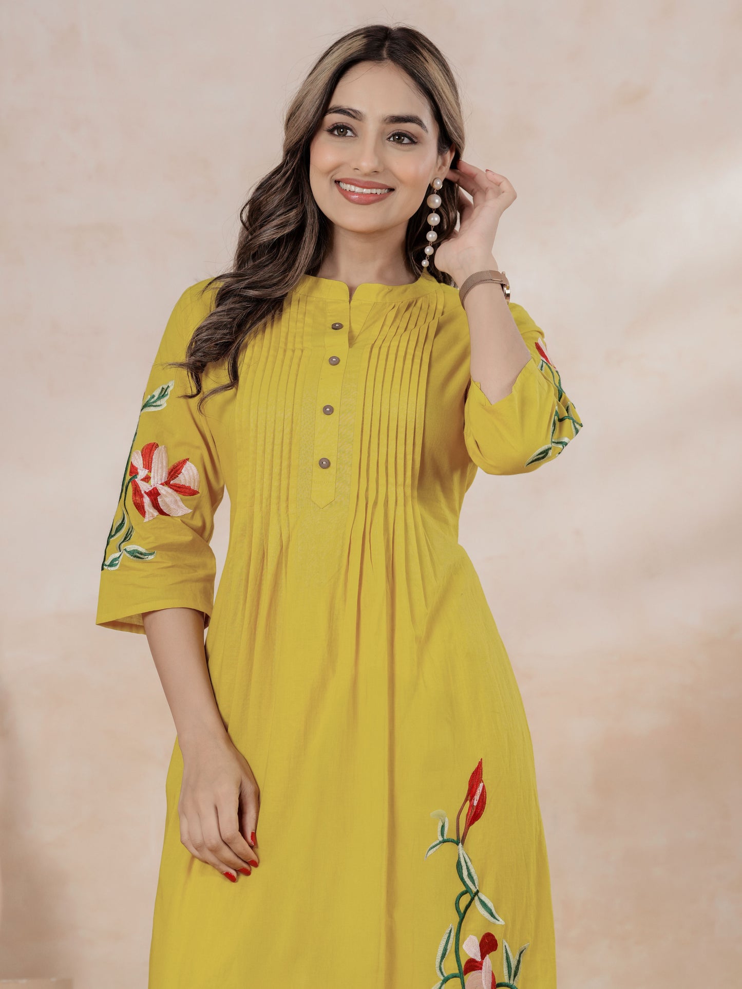 Embroidered Soft Cotton Solid Flared Yellow Kurta