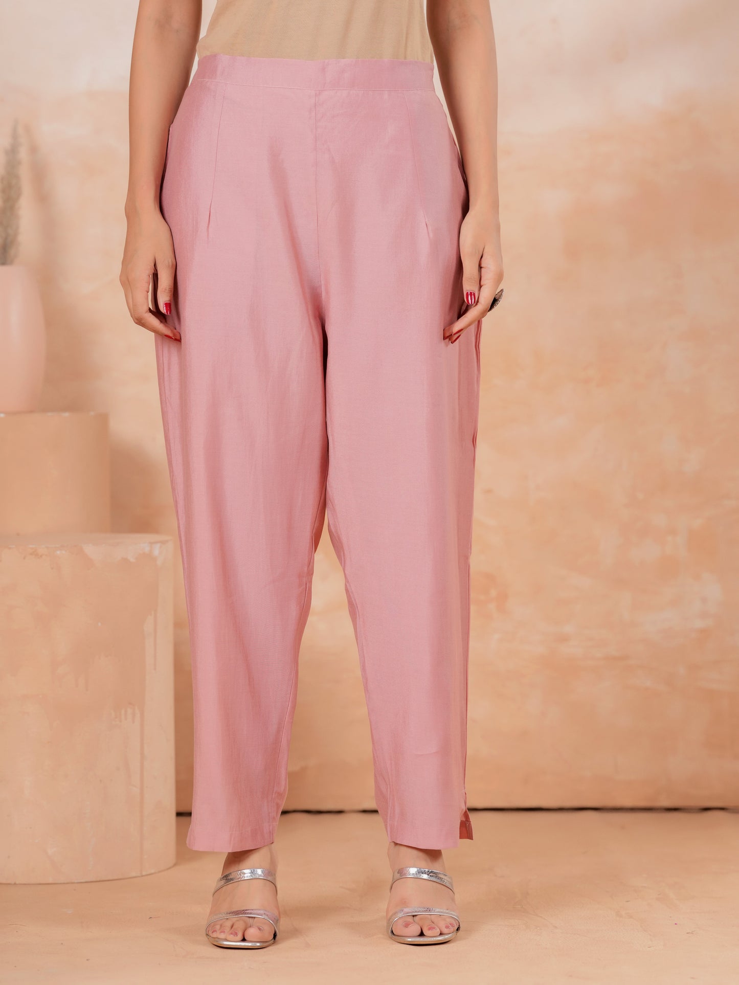 Soft Cotton Solid Pink Tapered Trousers
