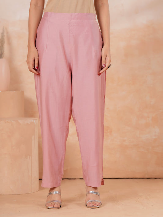 Soft Cotton Solid Pink Tapered Trousers