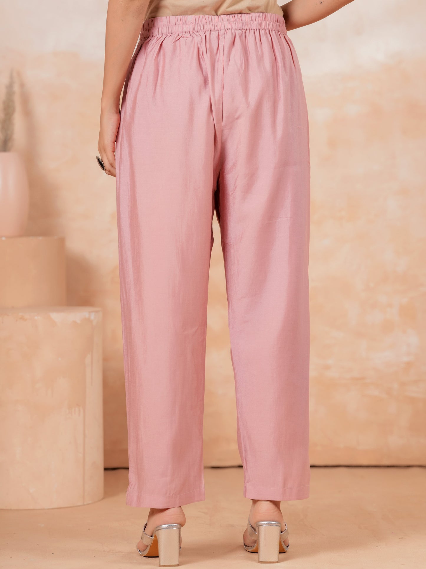 Soft Cotton Solid Pink Tapered Trousers