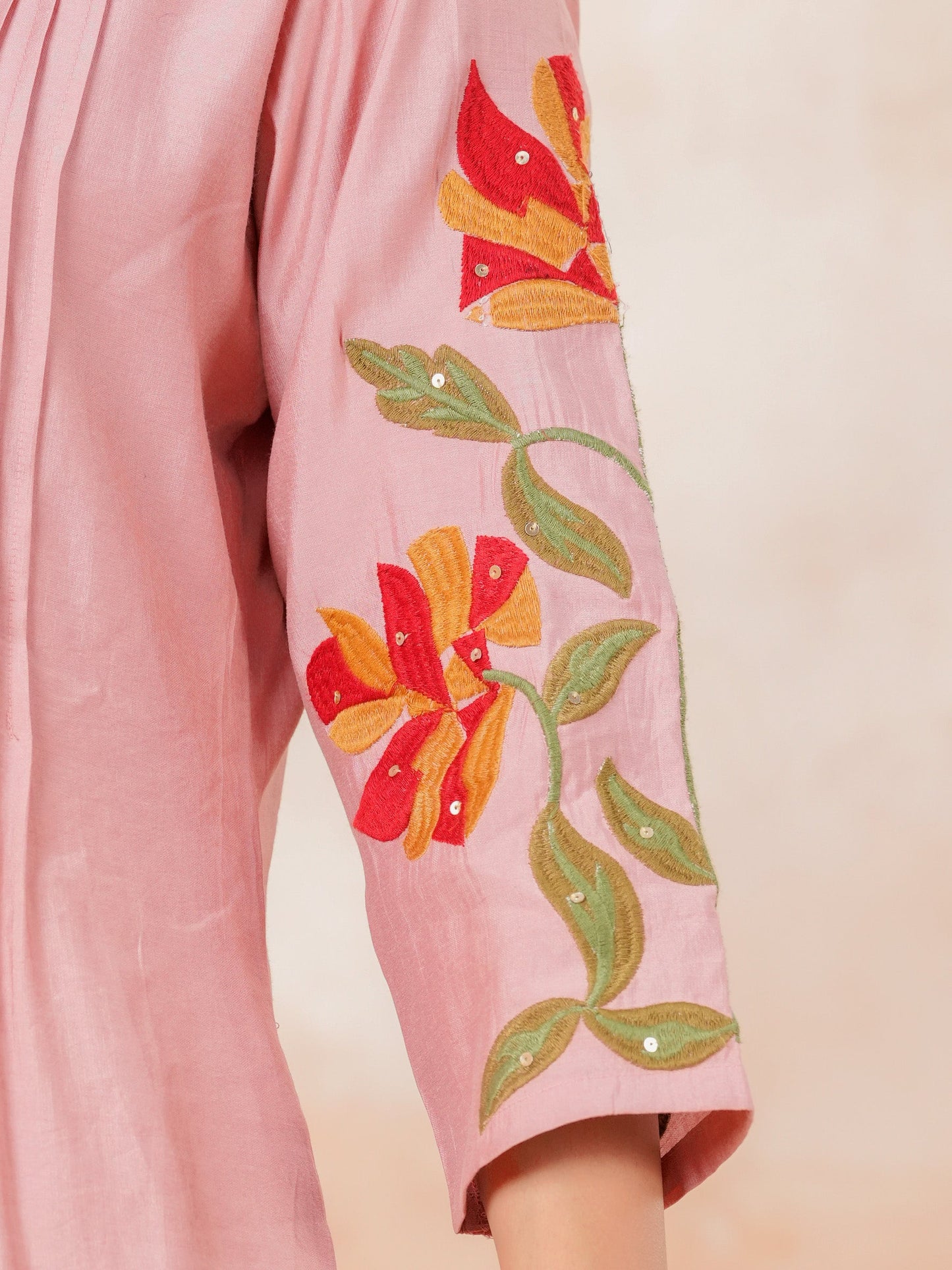 Embroidered Soft Cotton Solid Flared Pink Kurta