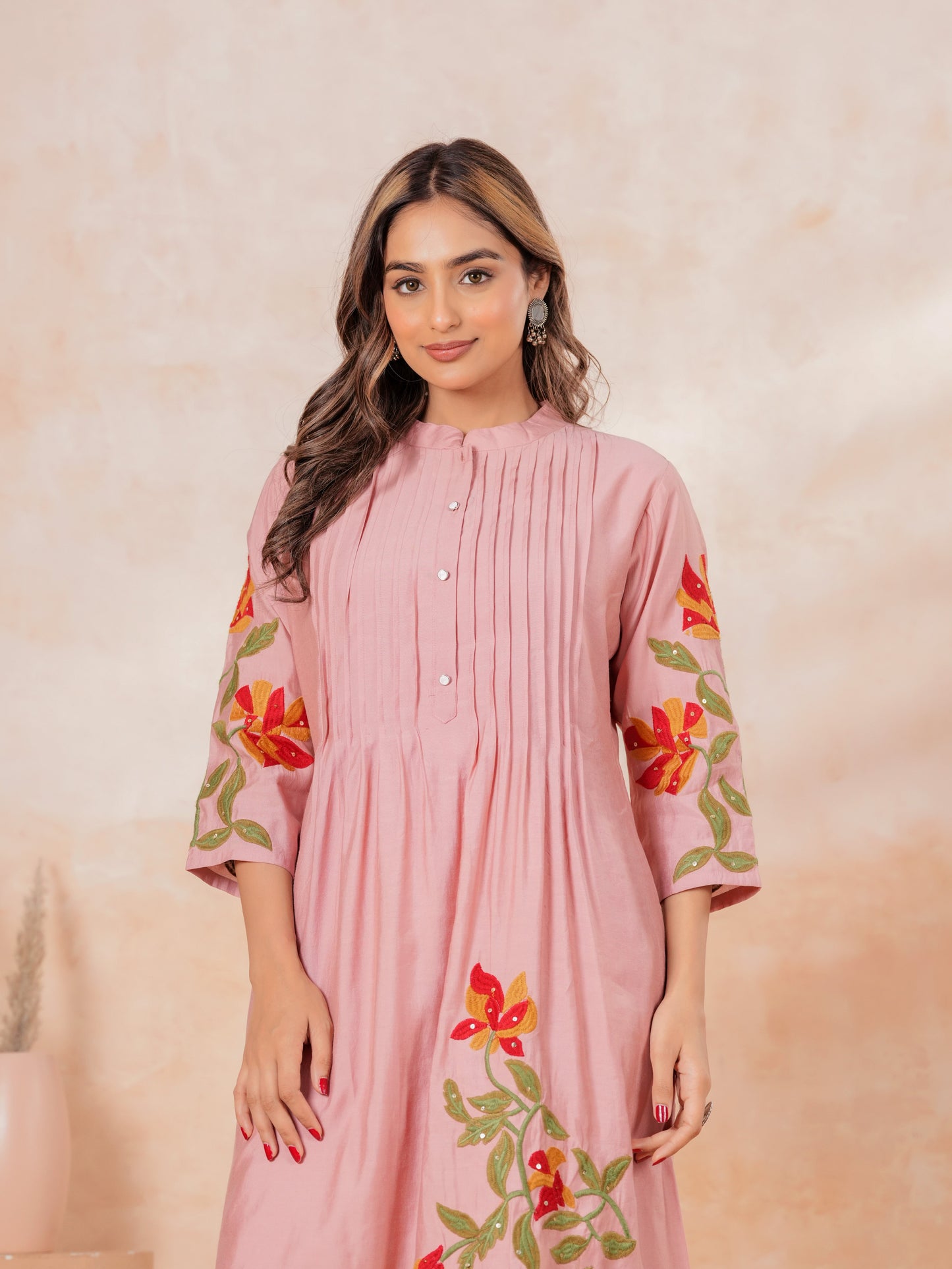 Embroidered Soft Cotton Solid Flared Pink Kurta