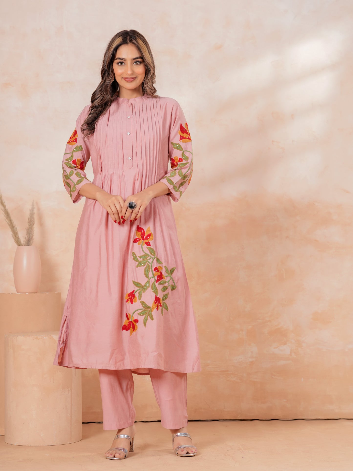 Embroidered Soft Cotton Solid Flared Pink Kurta