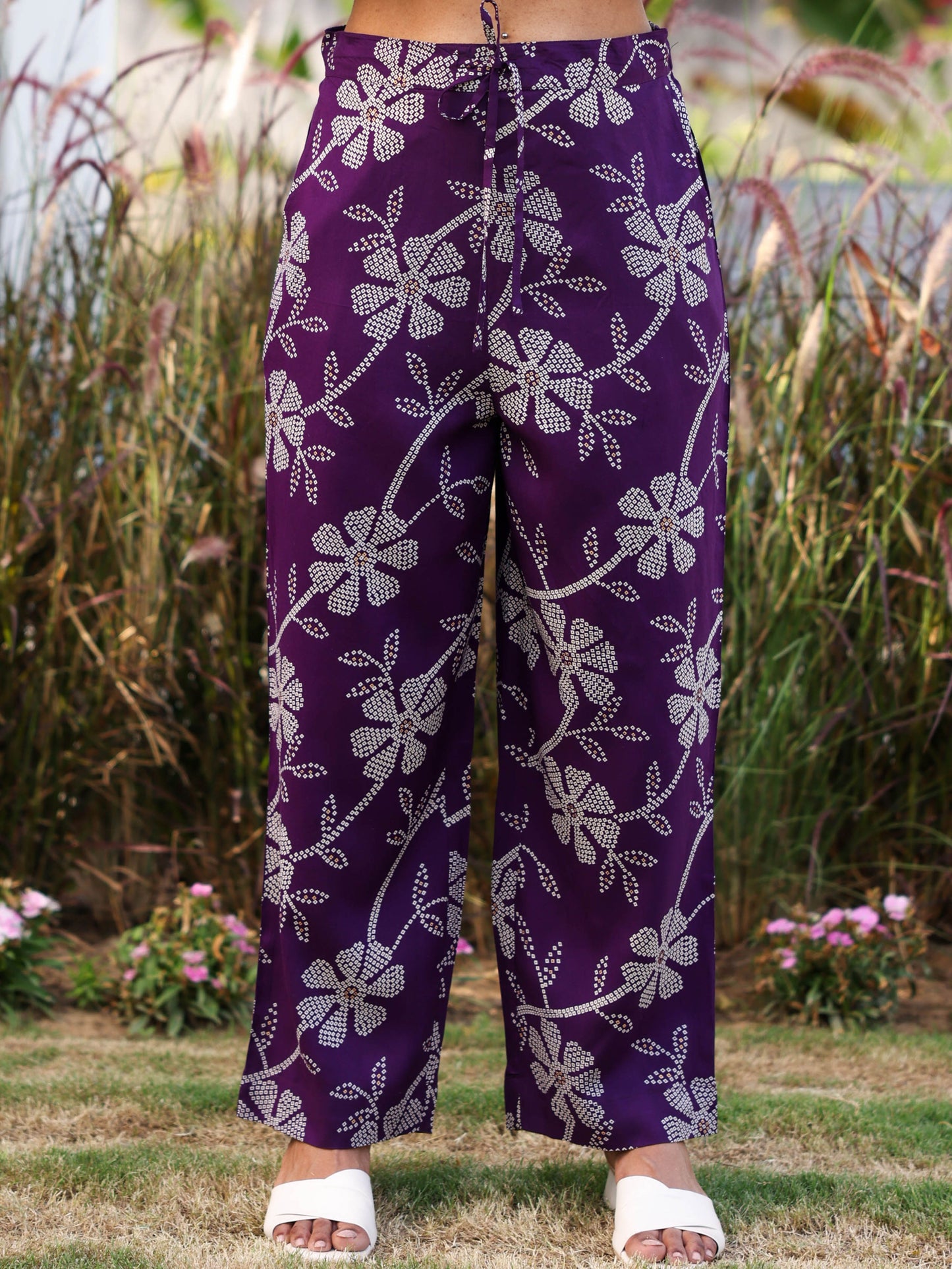 Viscose Floral Purple Straight Trousers