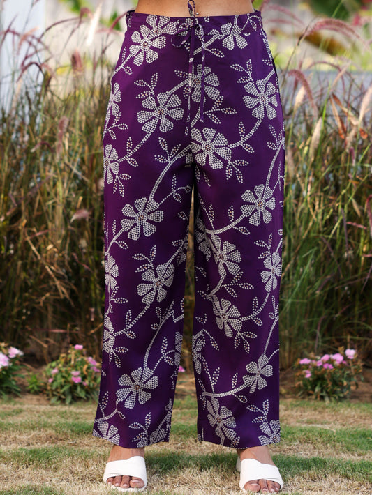 Viscose Floral Purple Straight Trousers