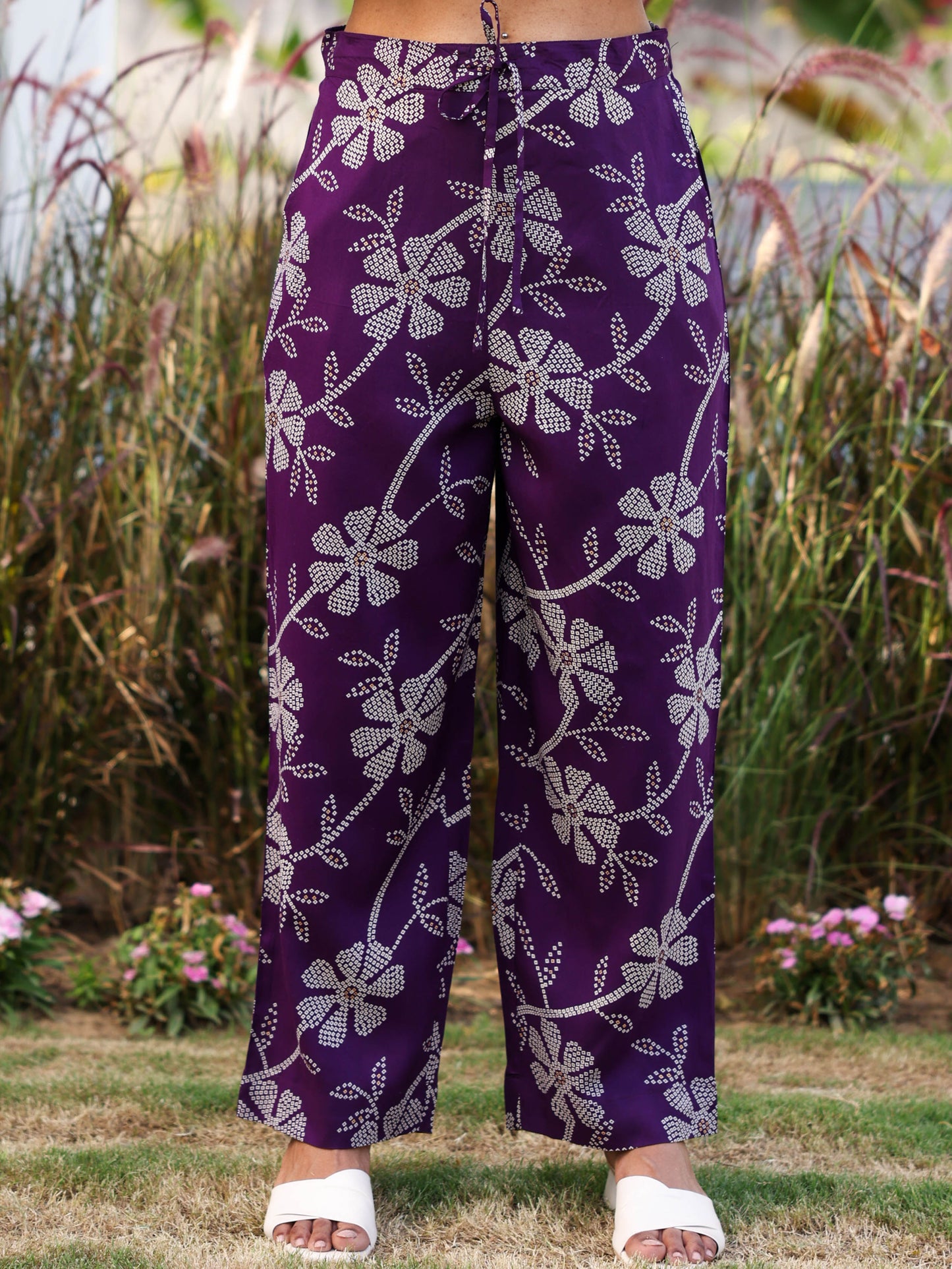 Viscose Floral Purple Straight Trousers