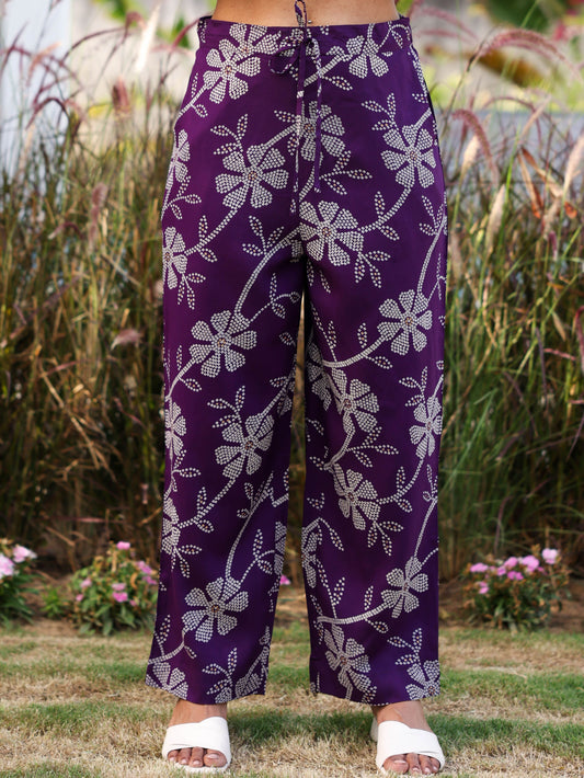 Viscose Floral Purple Straight Trousers