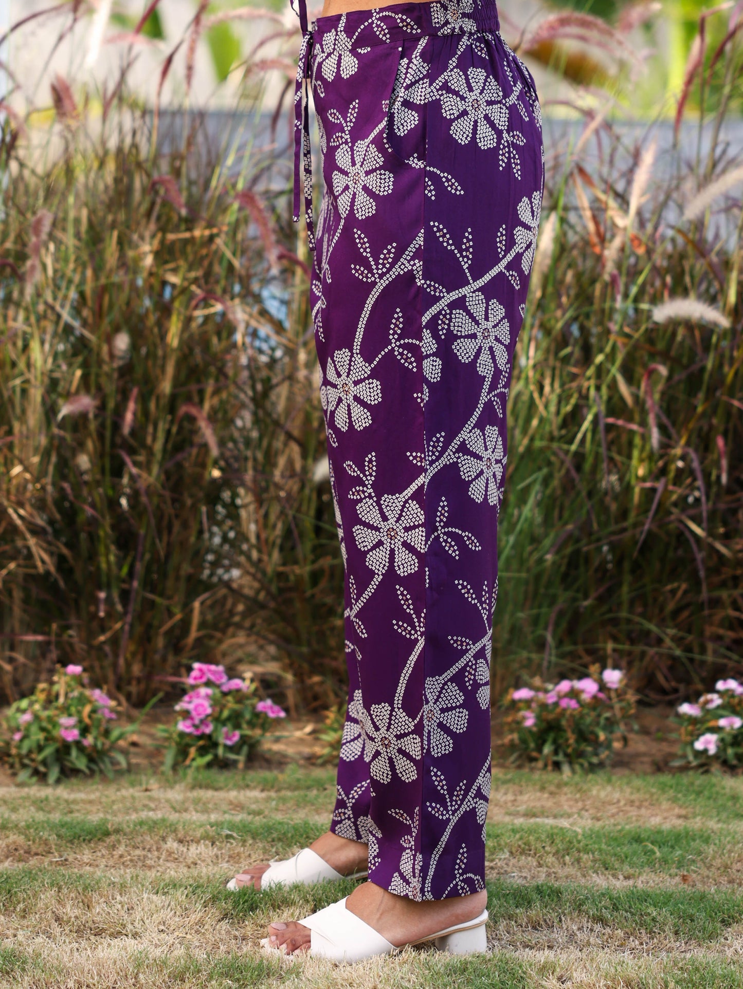 Viscose Floral Purple Straight Trousers