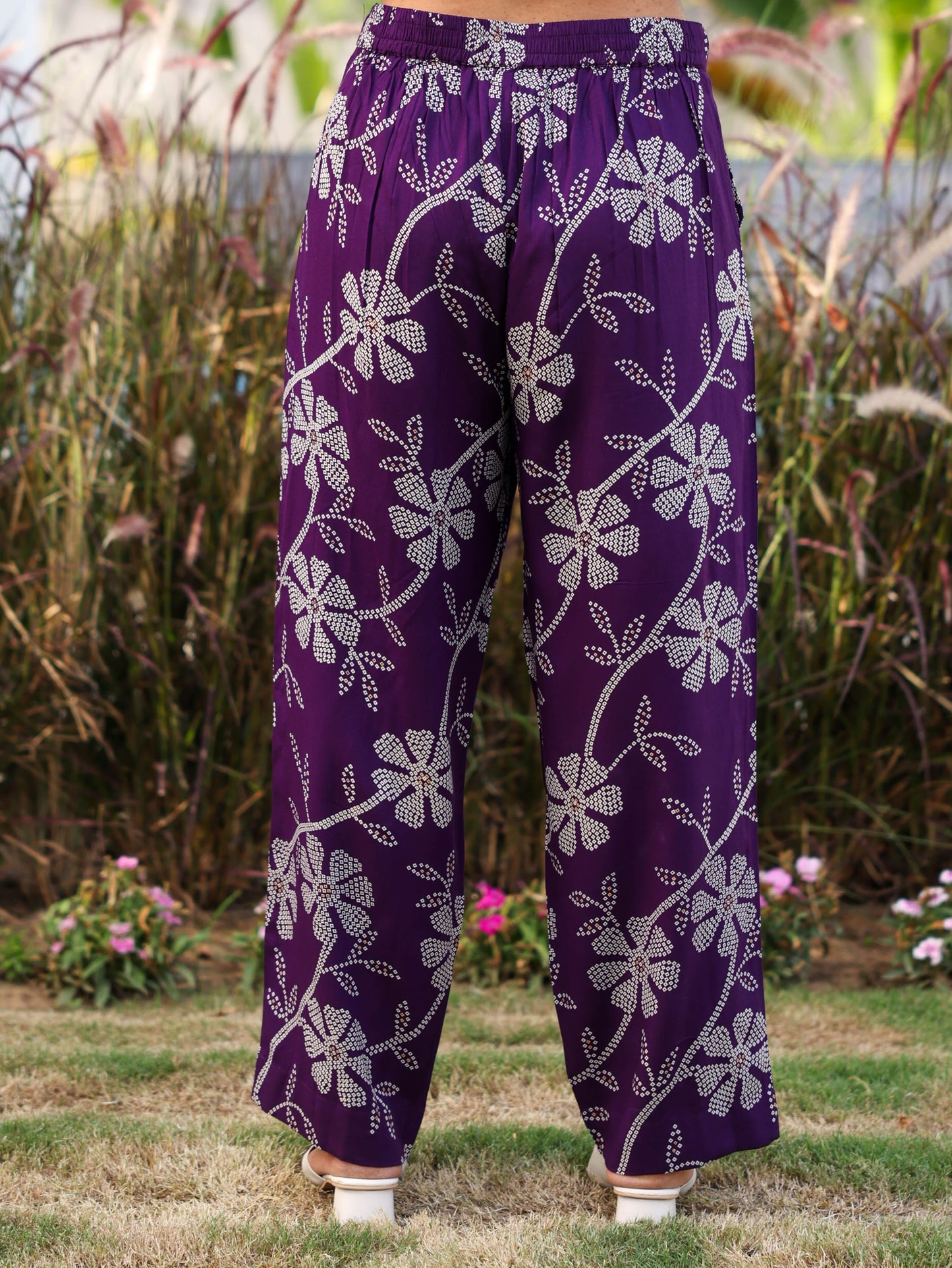 Viscose Floral Purple Straight Trousers