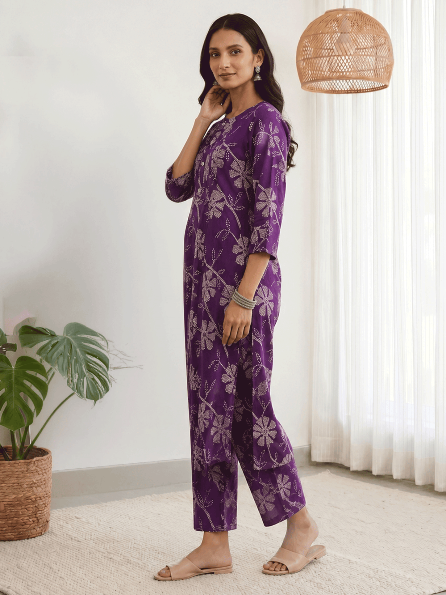 Viscose Floral Straight Purple Kurta