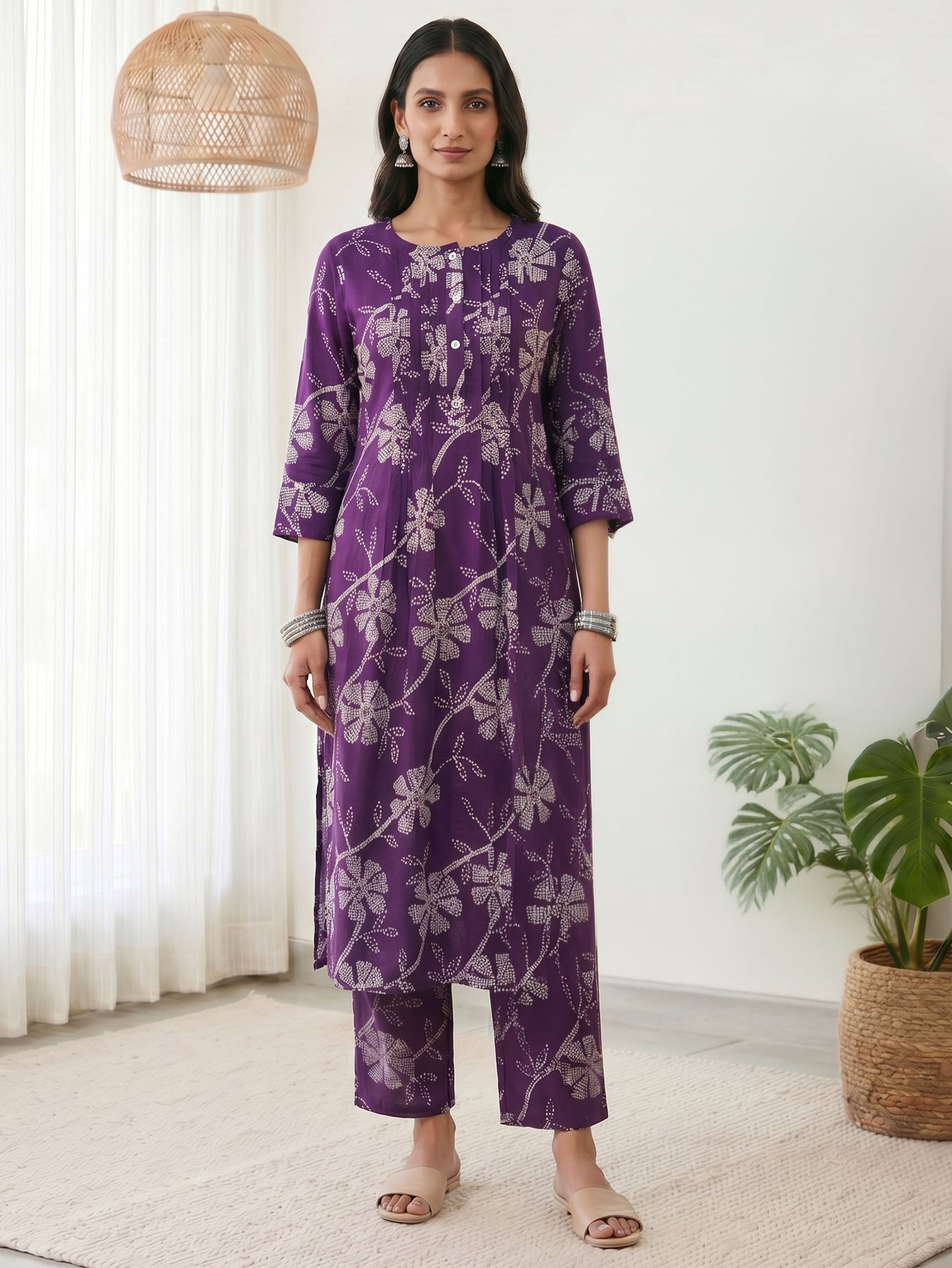 Viscose Floral Straight Purple Kurta