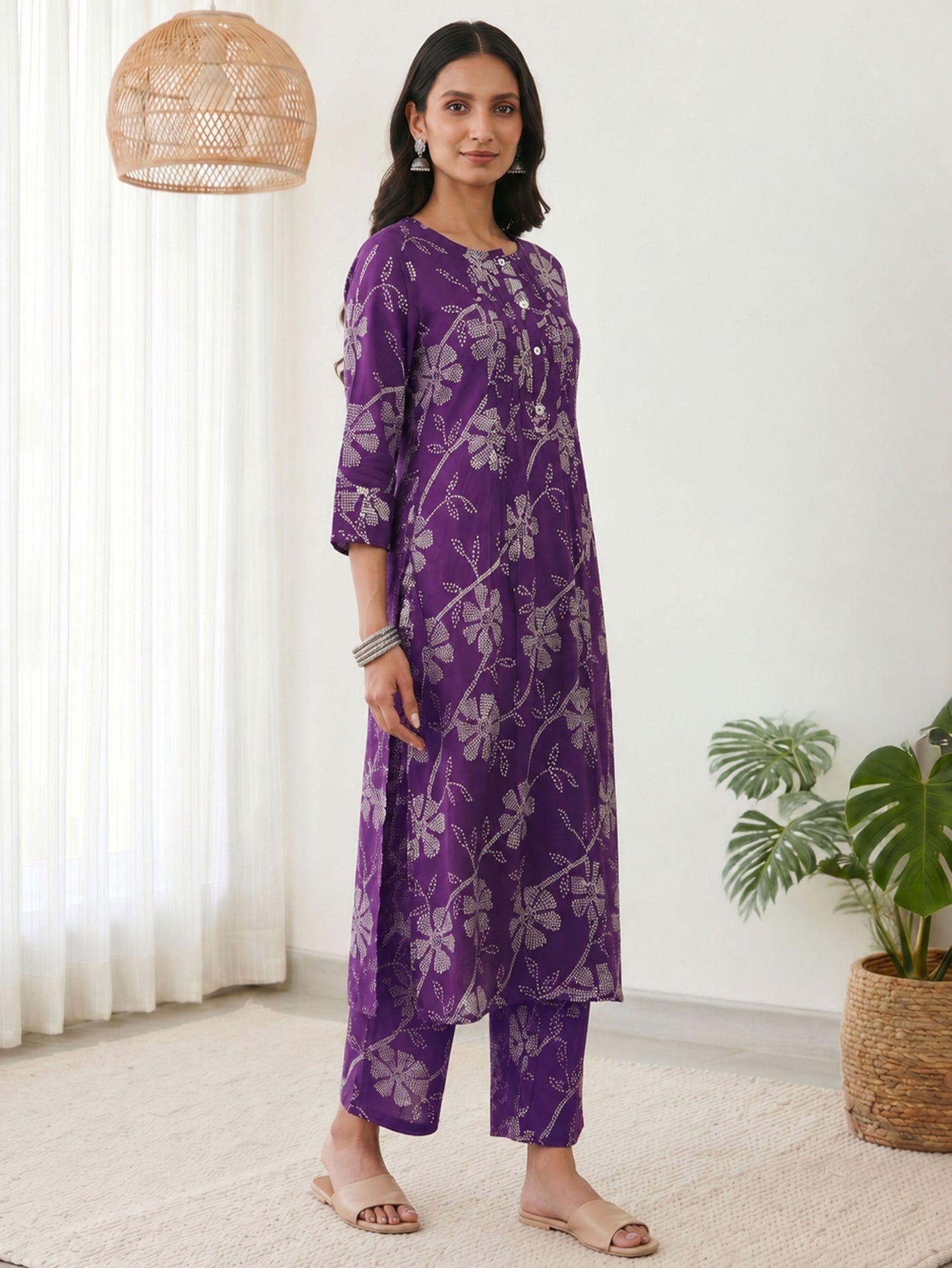 Viscose Floral Straight Purple Kurta