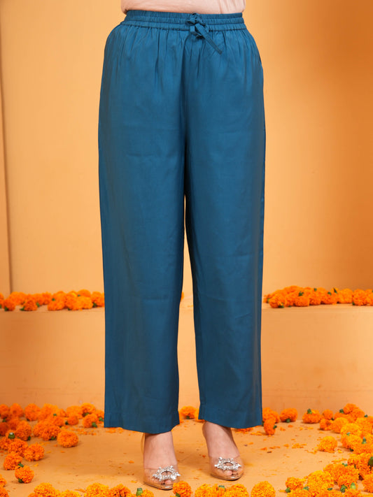 Chanderi Solid Blue Straight Trousers