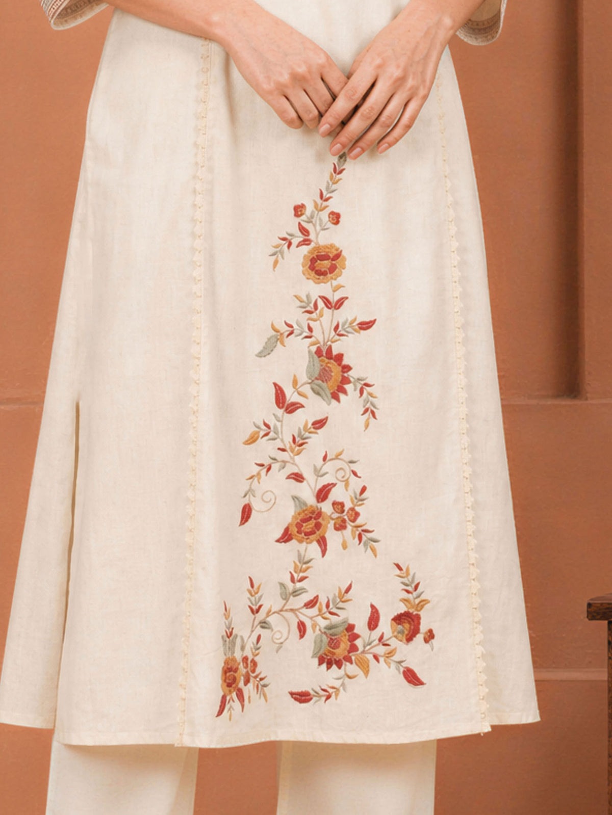 Embroidered Linen Cotton Solid Straight Off White Kurta