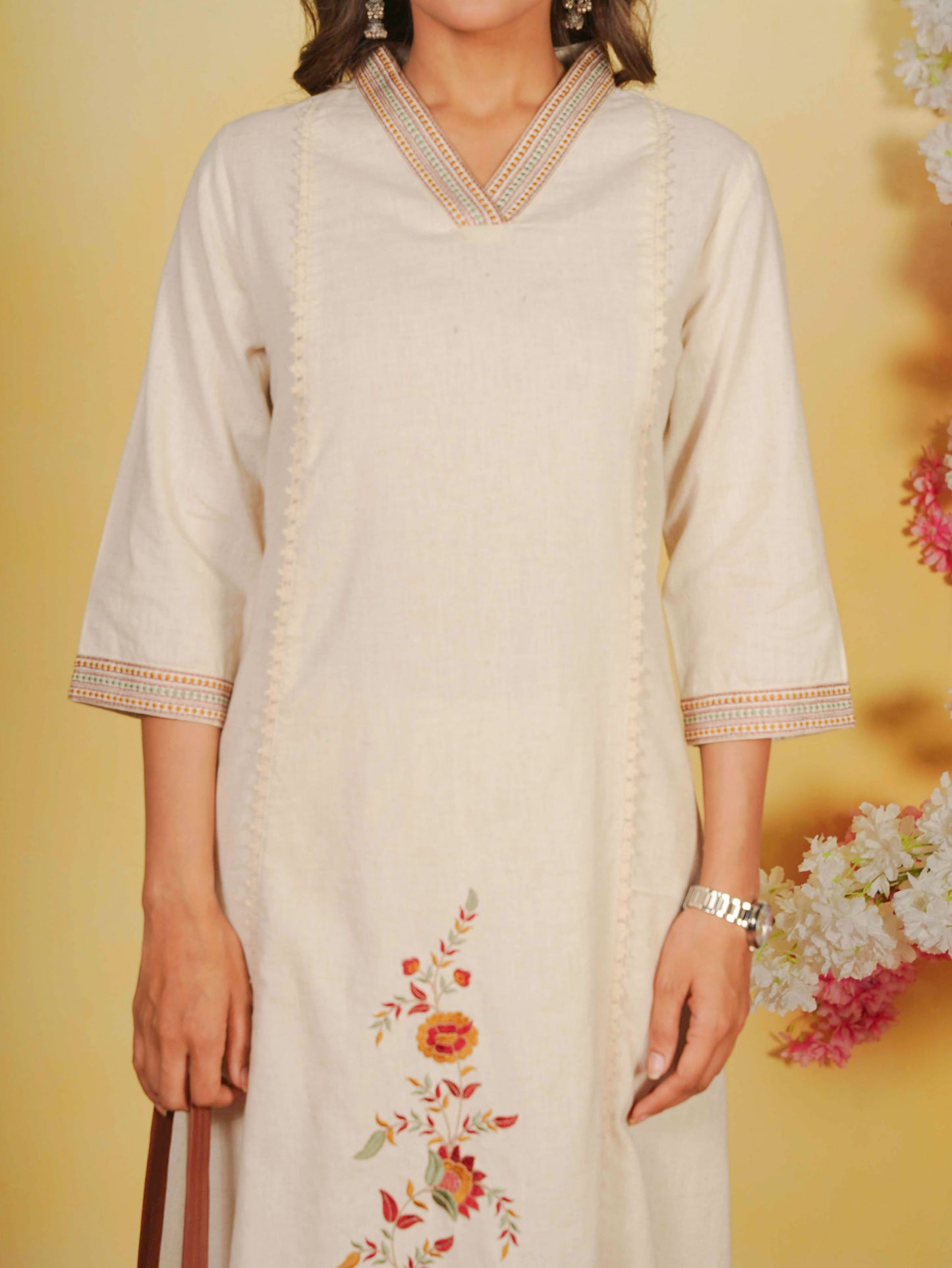Embroidered Linen Cotton Solid Straight Off White Kurta