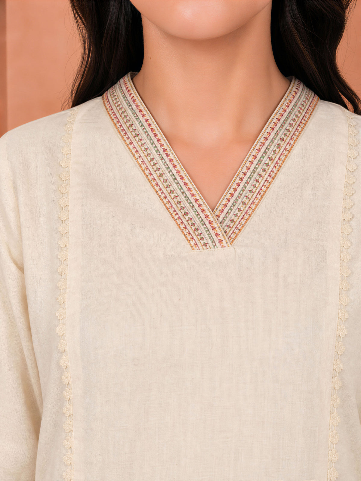 Embroidered Linen Cotton Solid Straight Off White Kurta