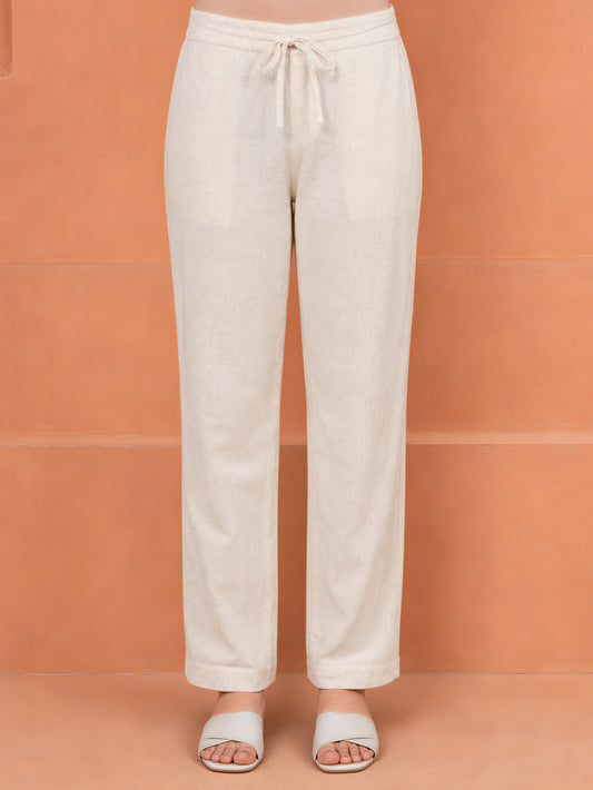 Linen Cotton Solid Cream Tapered Trousers