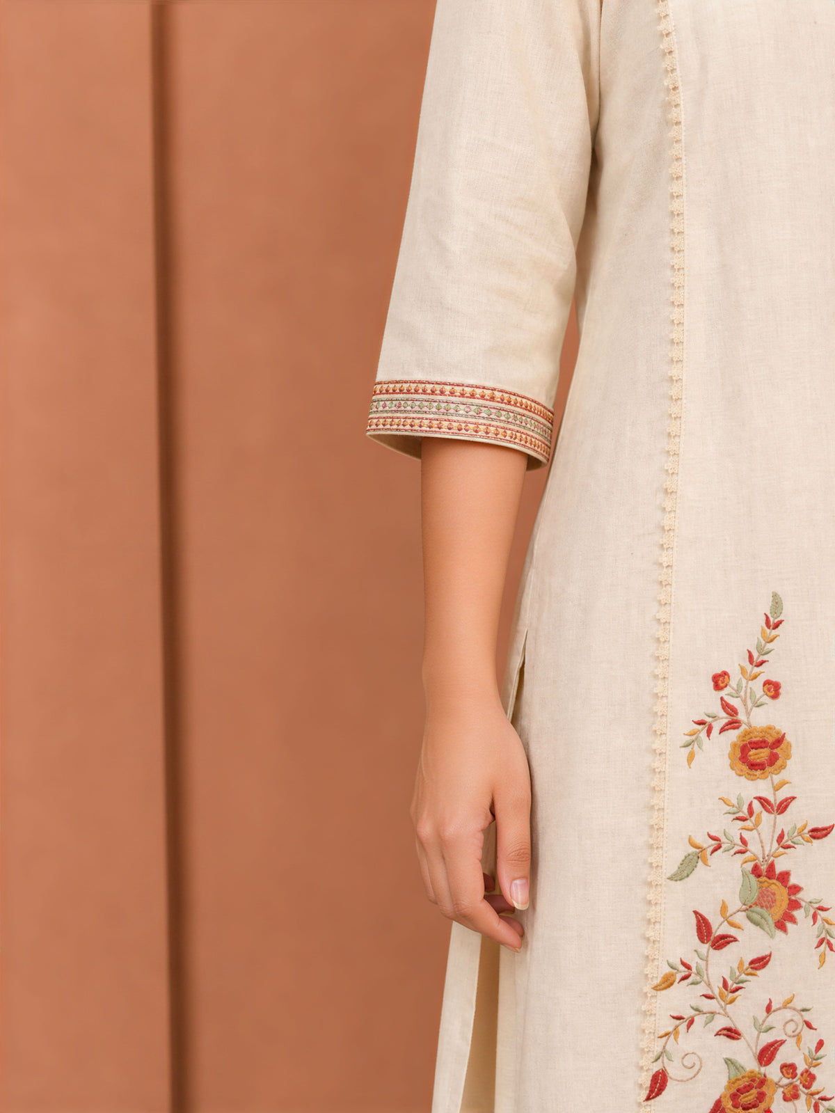 Embroidered Linen Cotton Solid Straight Off White Kurta