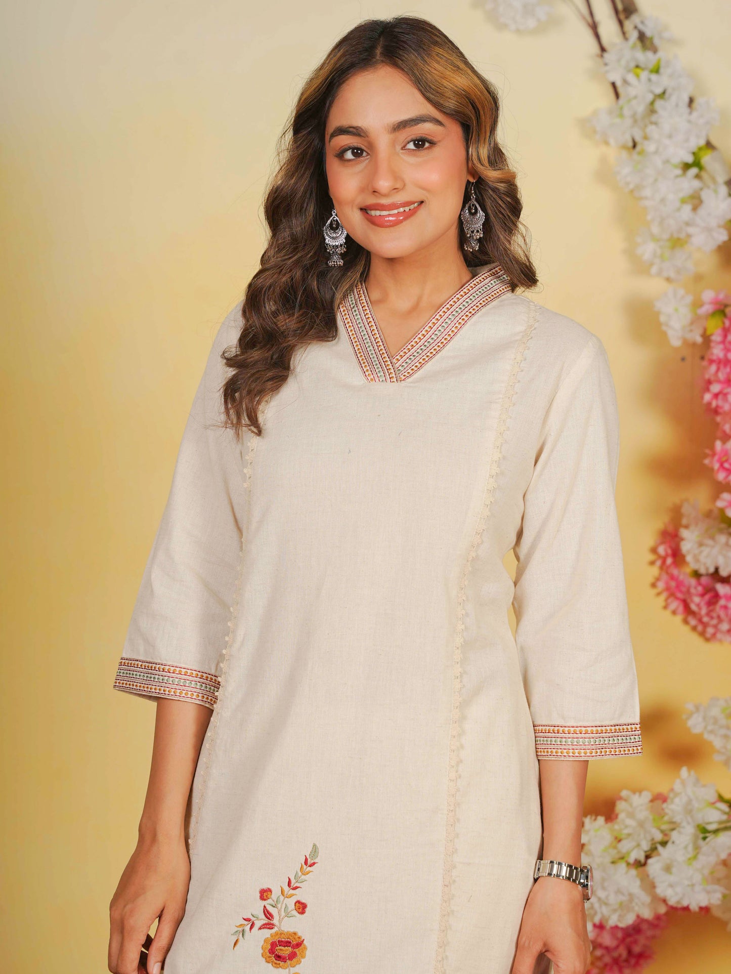 Embroidered Linen Cotton Solid Straight Off White Kurta