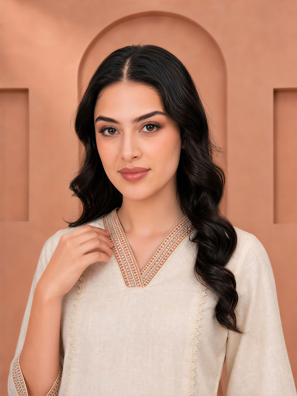 Embroidered Linen Cotton Solid Straight Off White Kurta
