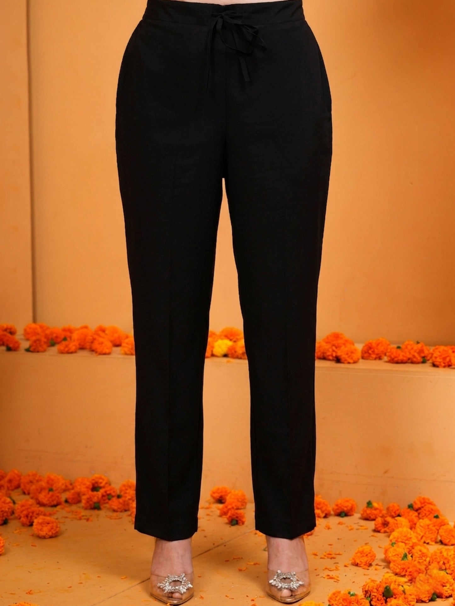Chanderi Solid Black Regular Trousers
