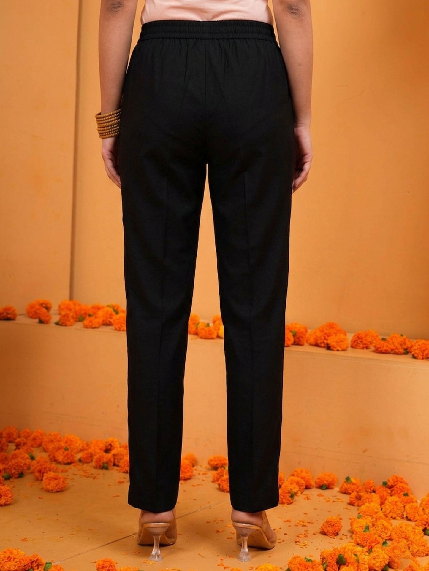 Chanderi Solid Black Regular Trousers