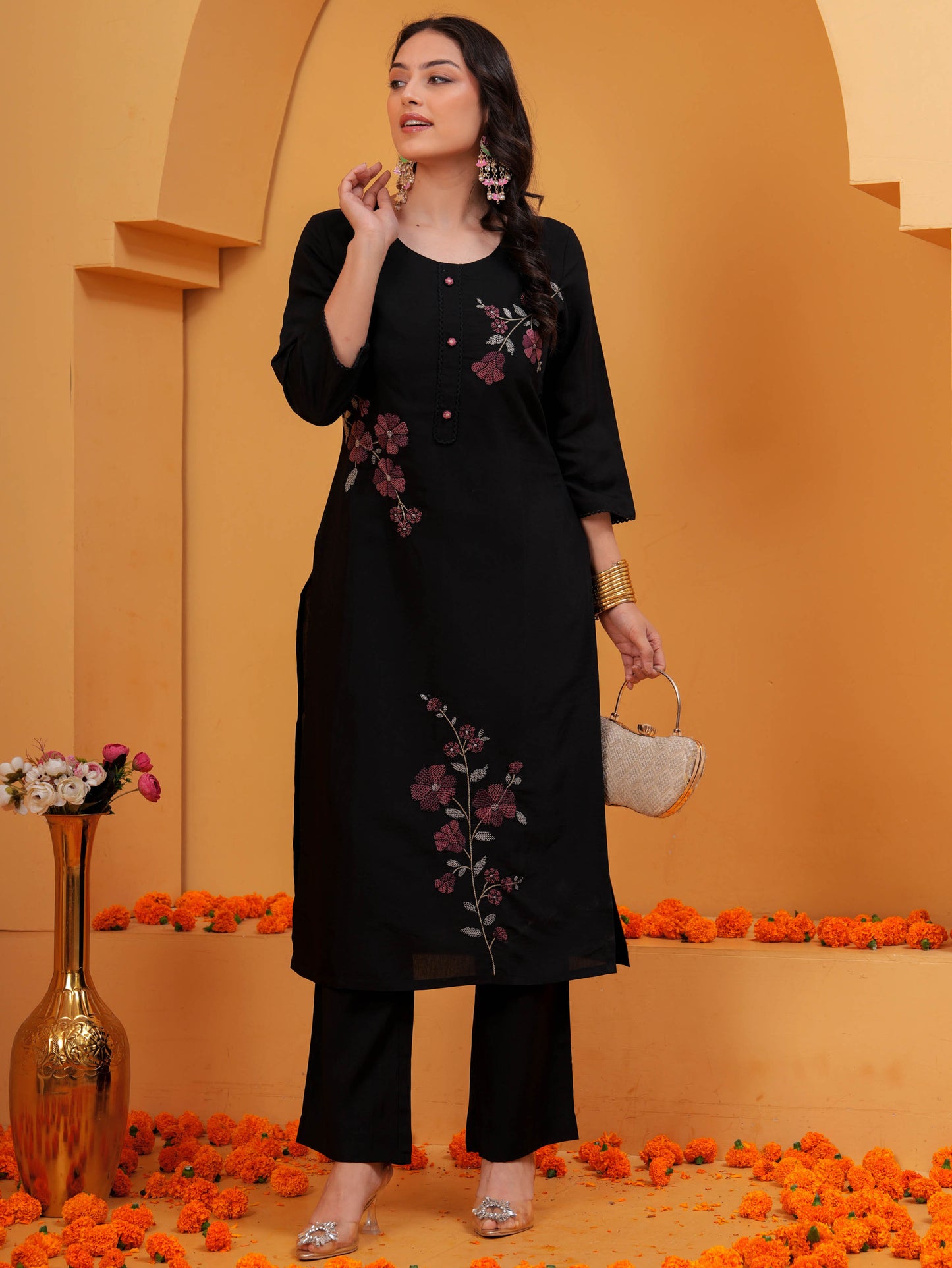 Embroidered Chanderi Solid Straight Black Kurta