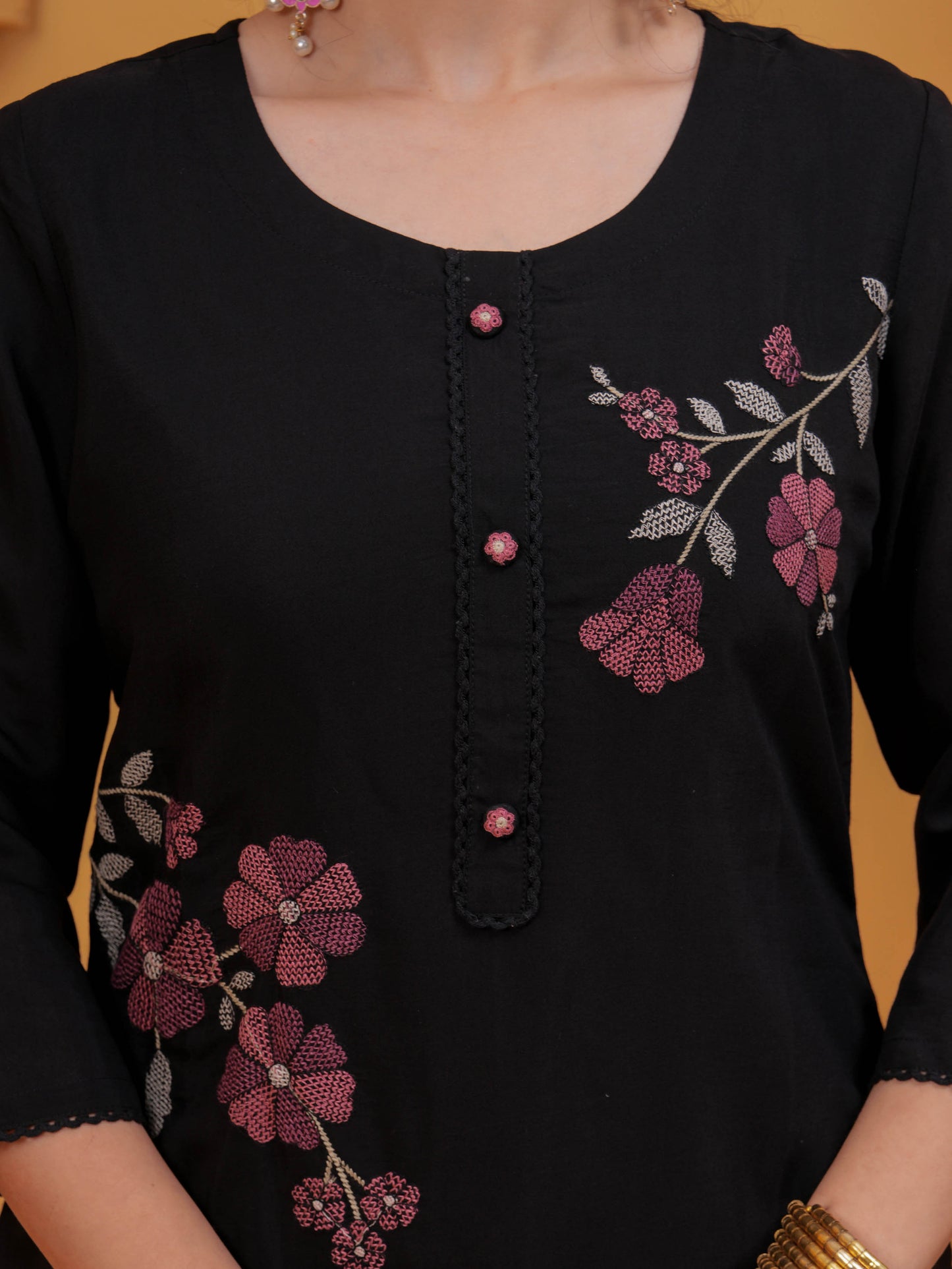Embroidered Chanderi Solid Straight Black Kurta