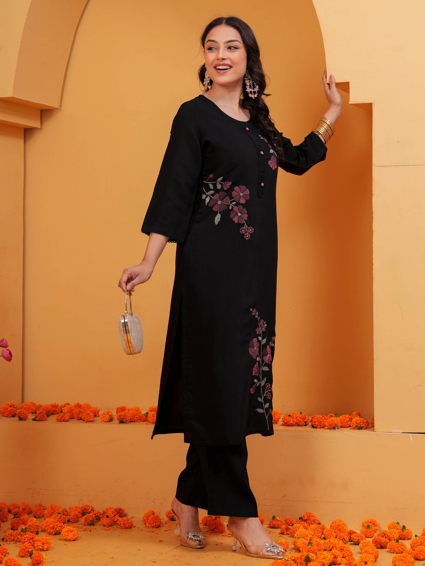 Embroidered Chanderi Solid Straight Black Kurta