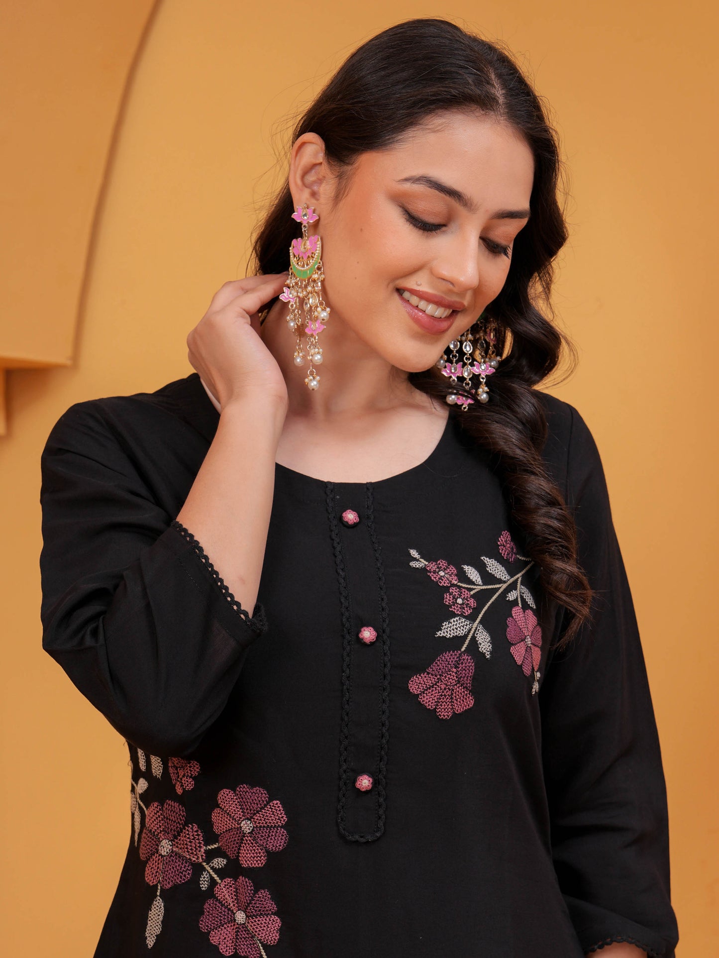 Embroidered Chanderi Solid Straight Black Kurta