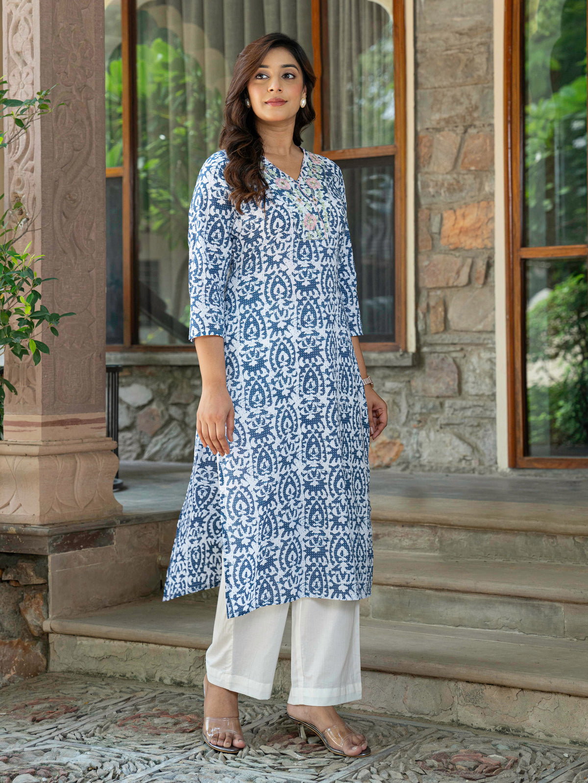Embroidered Soft Cotton Batik Straight Blue Kurta