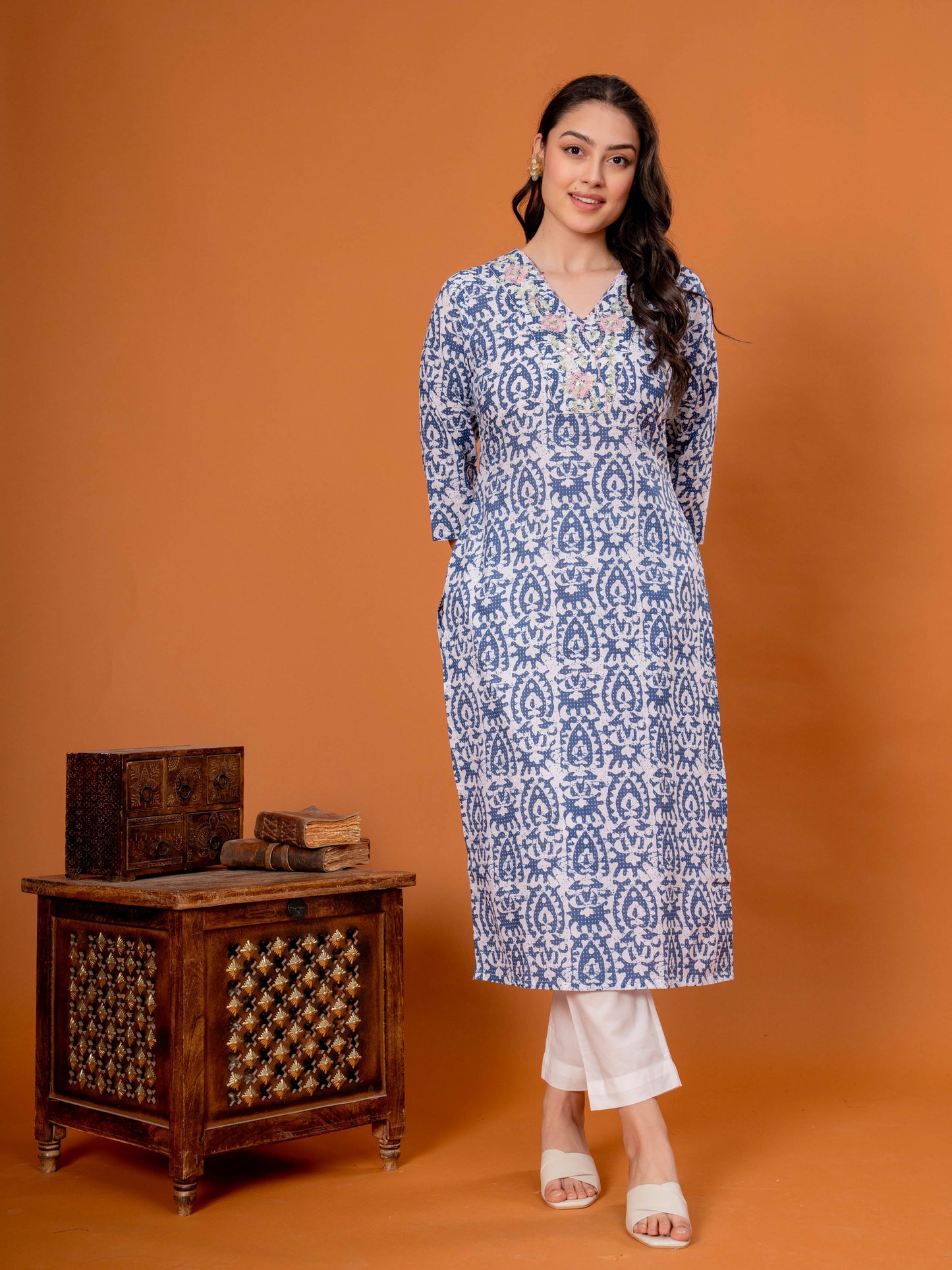 Embroidered Soft Cotton Batik Straight Blue Kurta
