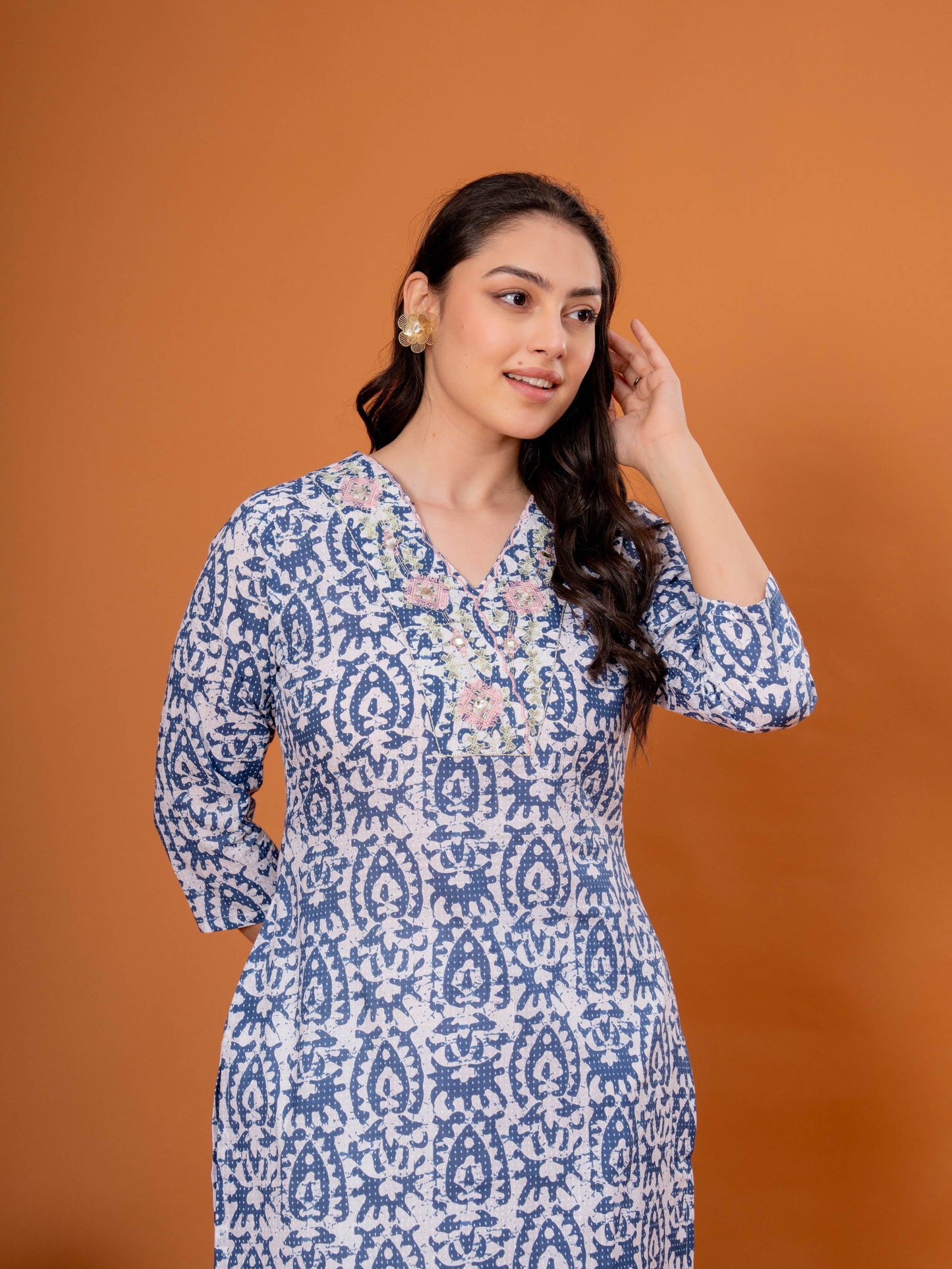 Embroidered Soft Cotton Batik Straight Blue Kurta