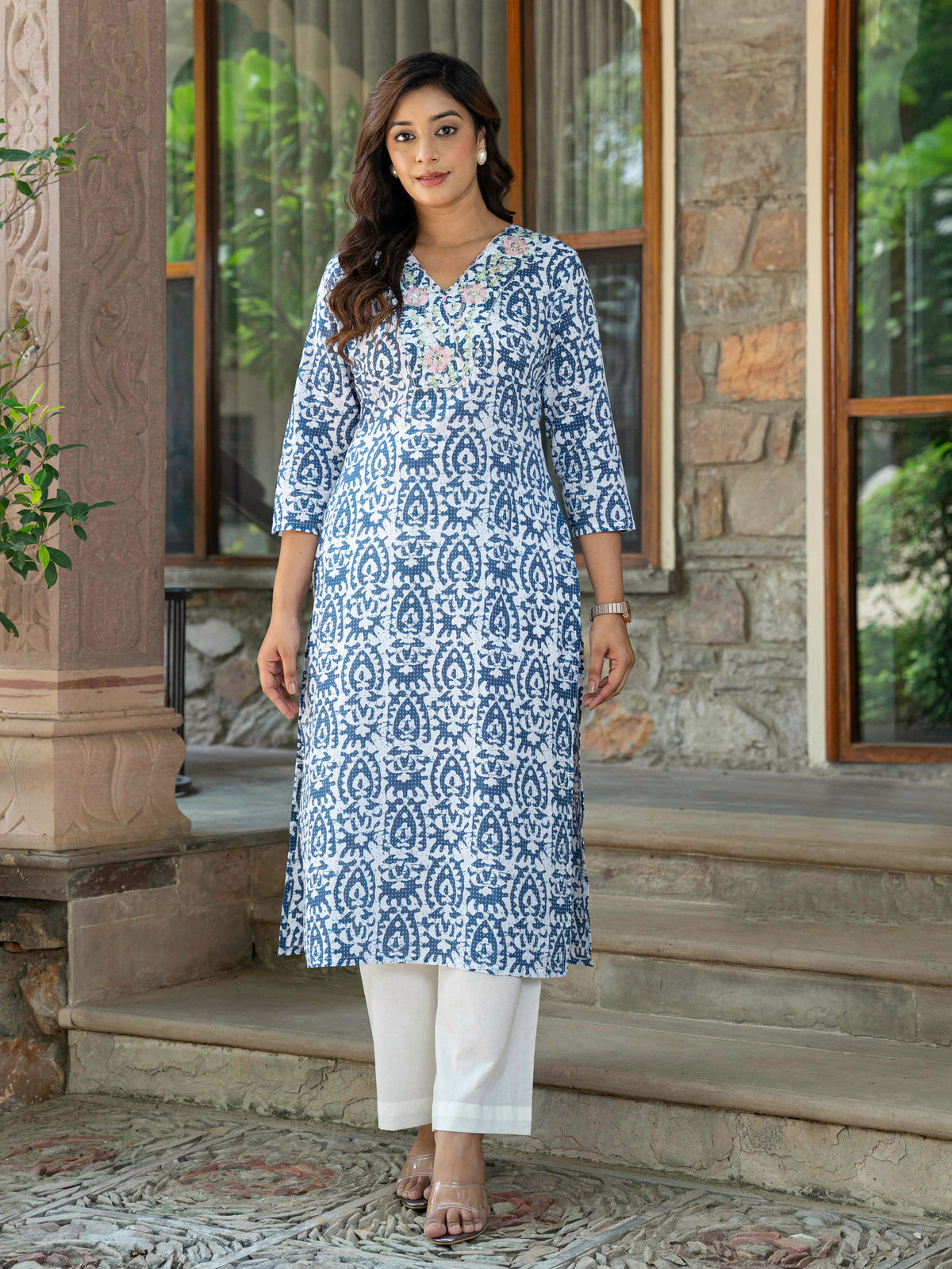 Embroidered Soft Cotton Batik Straight Blue Kurta