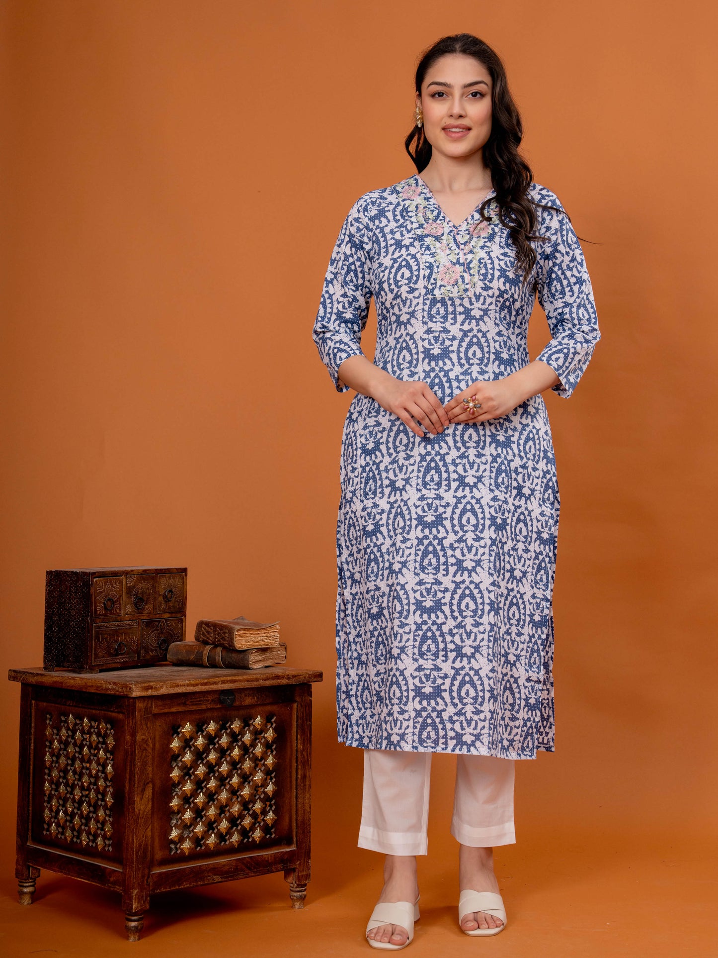 Embroidered Soft Cotton Batik Straight Blue Kurta