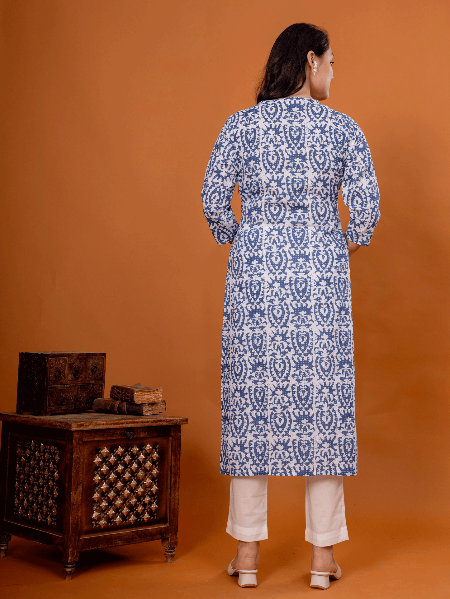 Embroidered Soft Cotton Batik Straight Blue Kurta